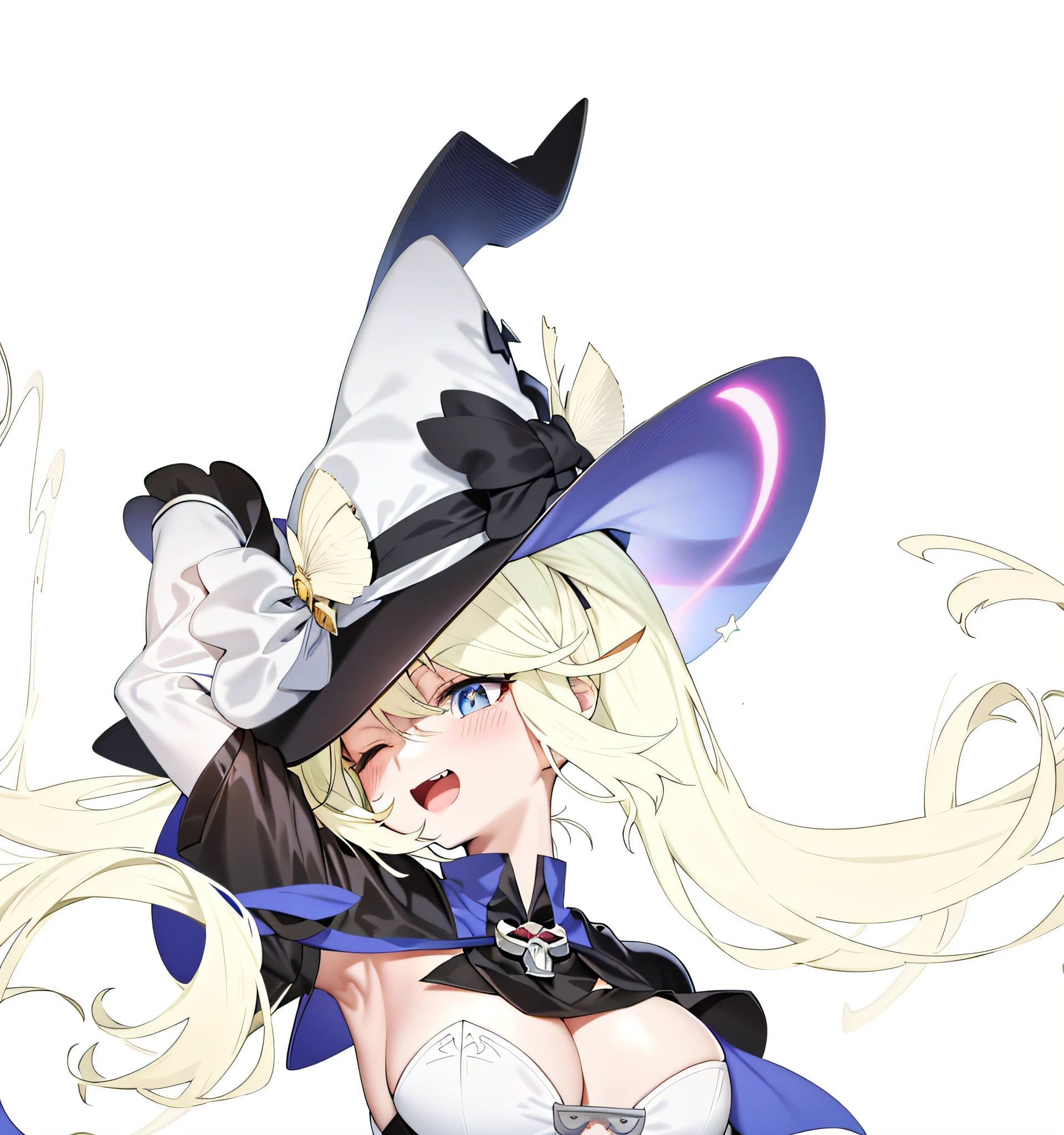 Anime girl with hat and cape on her head, frivolous anime witch casting magic, pretty witch, zero zen art, from brave default ii, hi - resolution scan, high resolution scan, sky blue channel style, black magician girl, character from Azure Lane, splash art anime , sky witch, beautiful witch,