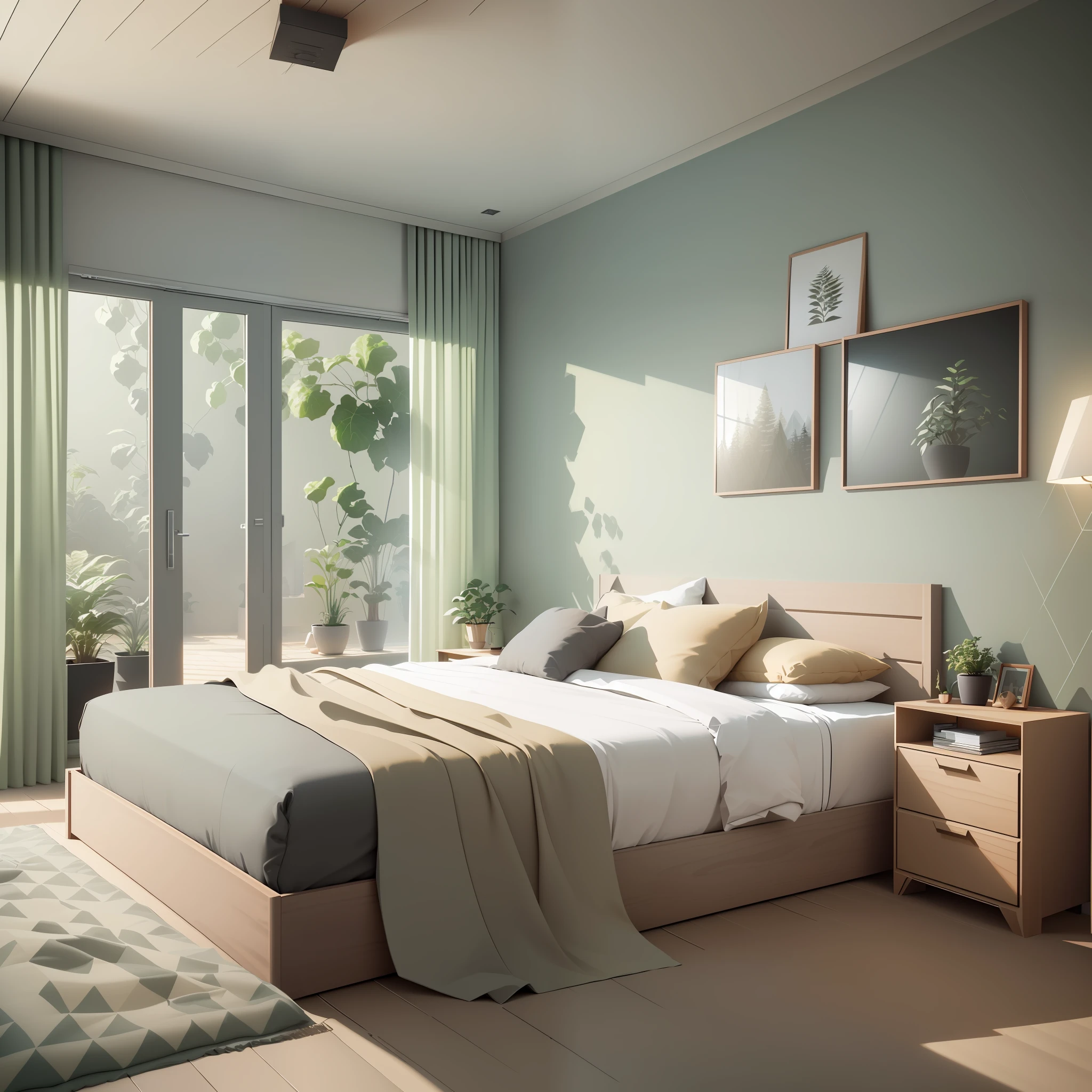 Isometric room, earth tone theme, best quality, ((low polygon)),(extremely detailed CG unity 8k wallpaper), (best quality), (best illustration), (best shadow),((Bedroom)), Nordic interior style, light curtains, carpets, wardrobe, cotton and linen sheets, wooden furniture, soft light, plants, paintings, octane render, ray tracing, ultra detailed