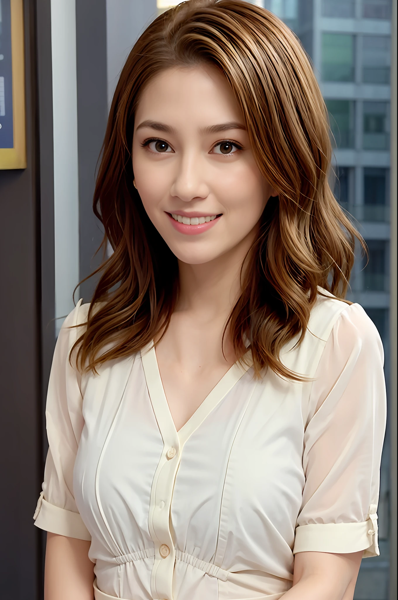 Long blonde hair, light brown eyes, 1 girl, slender, cute, innocent, (photorealistic, lens flare: 1.4), (complex details: 1.2), (masterpiece, : 1.3), (best quality: 1.4), (ultra high definition: 1.2), cinema light, ultra high definition, (detailed eyes), (detailed facial features), HDR, 8k resolution, facing the viewer, (shiny skin), dreamy, doctor, bright color blouse with a little transparency, full body, city, city