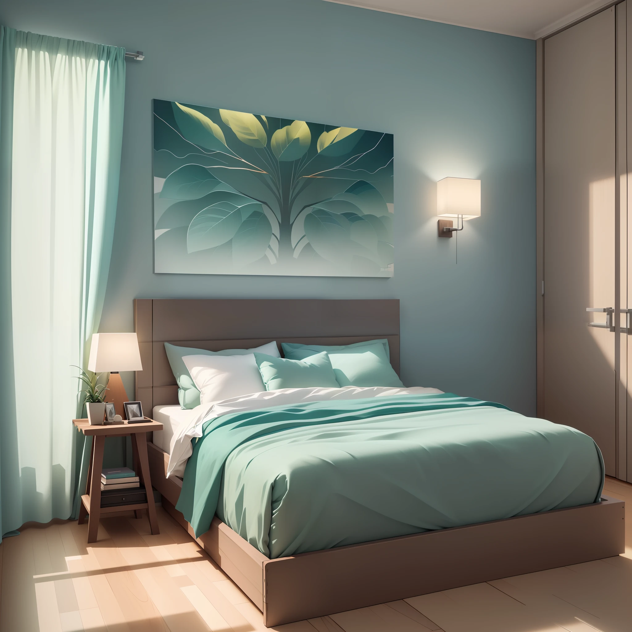 Isometric room, cool color tone theme, best quality, ((low polygon)),(extremely detailed CG unity 8k wallpaper), (best quality), (best illustration), (best shadow),((Bedroom)), Nordic interior style, light curtains, carpets, wardrobe, cotton and linen sheets, wooden furniture, soft light, plants, paintings, octane render, ray tracing, ultra detailed
