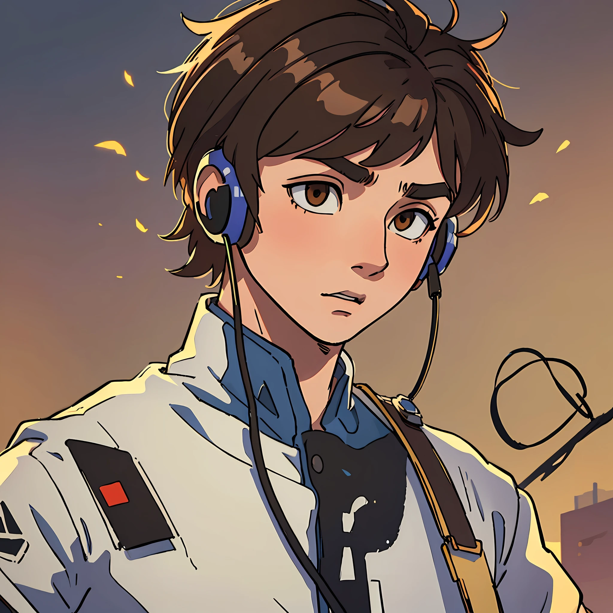 (best quality, masterpiece), 1boy, blurry background, upper body, contemporary, anime style, wearing headphones, gamer, streamer, brown hair and brown eyes, fade haircut messy top fringe --auto --s2