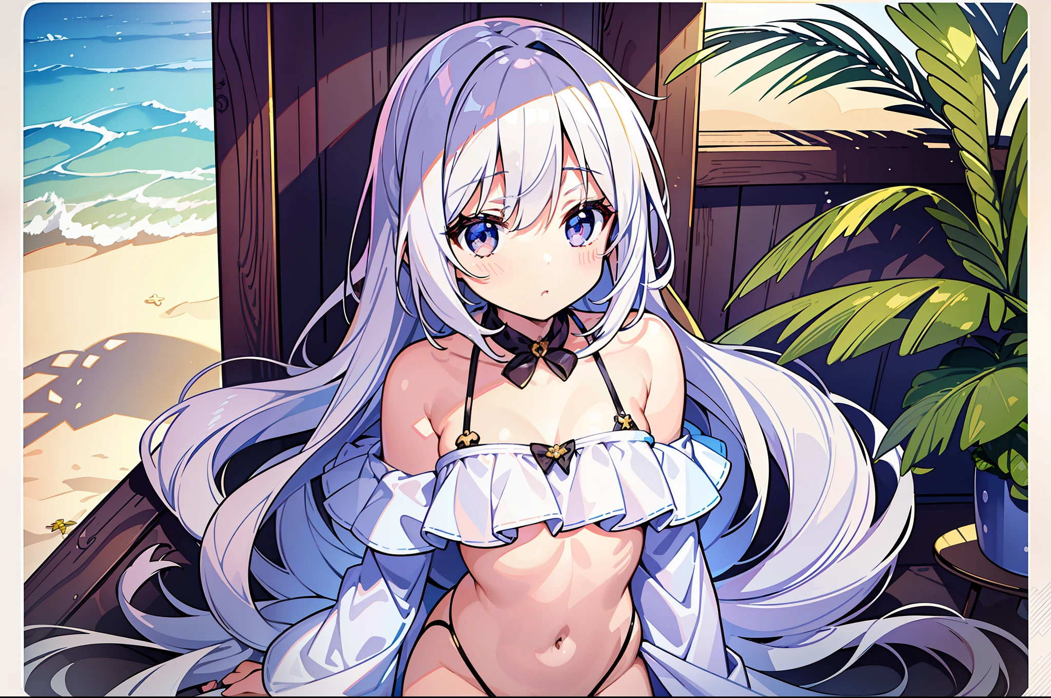 (MASTERPIECE), (Best Quality), (Ultra Detail), Official Art, One Girl, Silver-haired Loli, Petite Girl, White and Gold Swimsuit, Off Shoulder, Small, Small, Small, Cleavage, Underboob, Thigh Focus, Navel Out, Beach, Card Illustration, Wallpaper