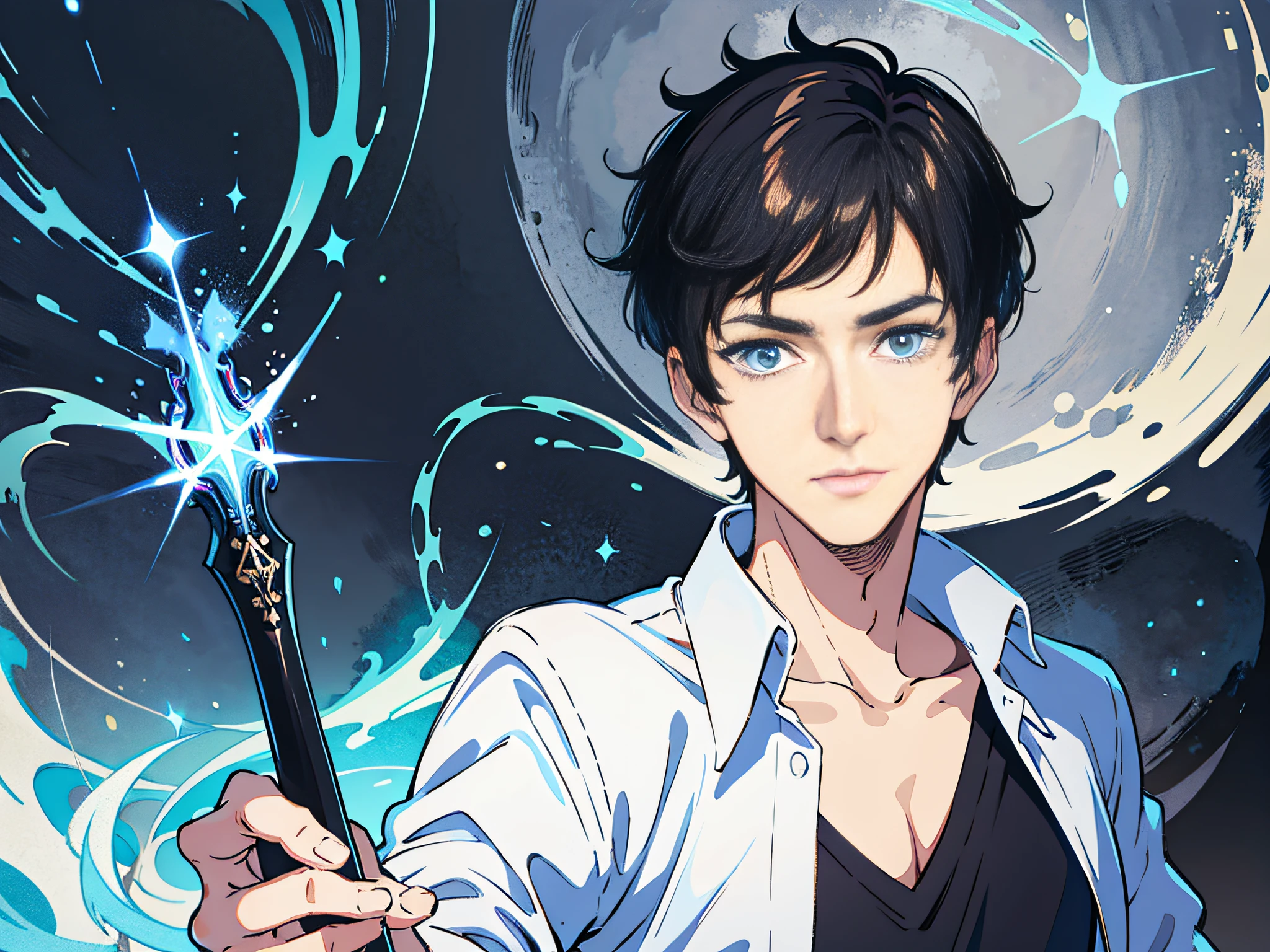1 man, short black hair, blue pupils, handsome, white shirt, magic wand in hand, surreal