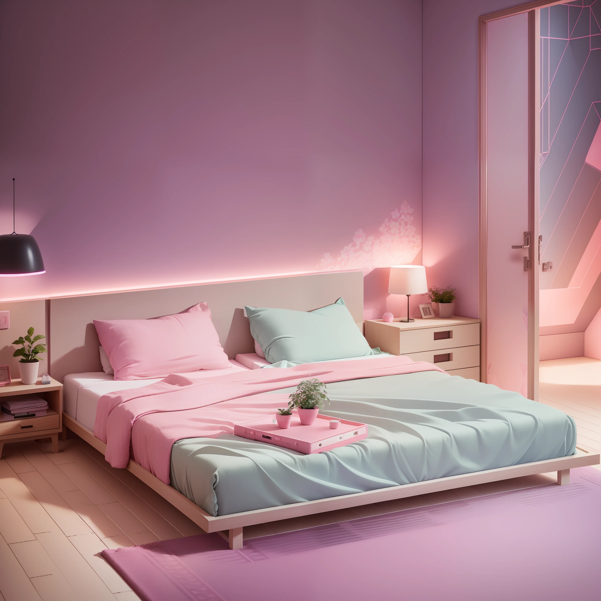 Isometric room, pink pastel theme, best quality, ((low polygon)),(extremely detailed CG unity 8k wallpaper), (best quality), (best illustration), (best shadow),((Bedroom)), Nordic interior style, light curtains, carpets, wardrobe, cotton and linen sheets, wooden furniture, soft light, plants, paintings, octane render, ray tracing, ultra detailed