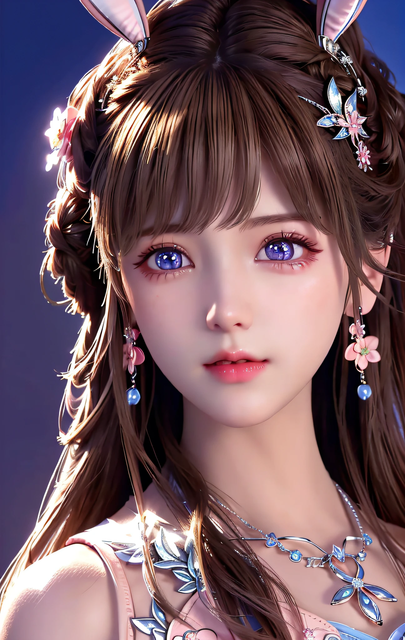 Best Quality, Masterpiece, High Resolution, 1Girl, Long Pink Bunny Ears, Hair Accessories, Necklaces, Jewelry, Beautiful Faces, Tyndall Effect, Realistic Photos, Edge Lighting, Two-tone Lighting, (High Detail Skin: 1.2), 8K UHD, DSLR, Soft Lighting, High Quality, Volume Lighting, Sneak Peek, Photo, High Resolution, 4K, 8K, Background Blur, Medium Tits, Ridiculous, Light Brown Hair Color, Blue Eye Color, Pink Dress