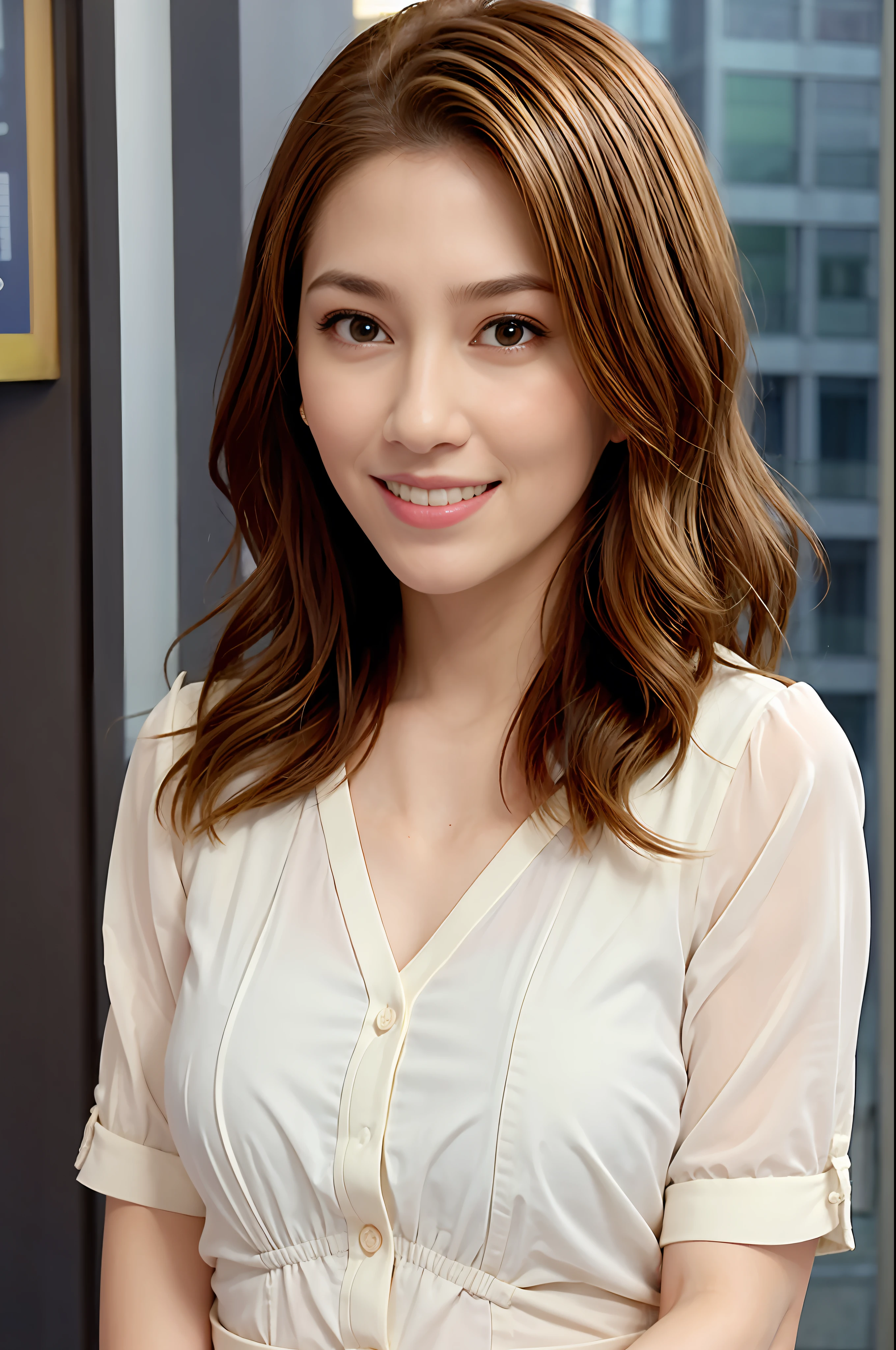 Long blonde hair, light brown eyes, 1 girl, slender, cute, innocent, (photorealistic, lens flare: 1.4), (complex details: 1.2), (masterpiece, : 1.3), (best quality: 1.4), (ultra high definition: 1.2), cinema light, ultra high definition, (detailed eyes), (detailed facial features), HDR, 8k resolution, facing the viewer, (shiny skin), dreamy, doctor, bright color blouse with a little transparency, full body, city, city
