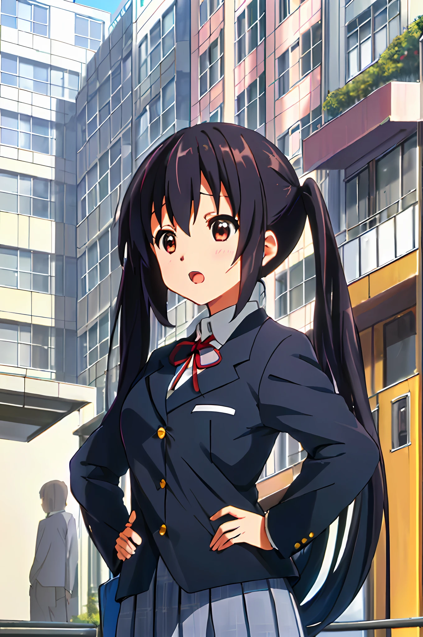 1girl, ((((Masterpiece))), Best Quality, Best Quality, High Detail, Azusa Nakano, 1girl, Sakuragaoka High School Uniform, Musical Instrument, School Uniform, Twin Tails, Long Hair, Black Hair, Brown Eyes, Solo, Red, Dark blue blazer with a thin ribbon of red, Solid white button shirt under blazer, Illustration, Cartoon, Soothing tones, Muted colors, Soft cinematic light, Adobe Lightroom, Photo Lab, HDR, complex and highly detailed, (((depth of field))))). (((Masterpiece))). (((highest quality))).) ((super detail))). (((Illustration))). (((Outside))). (((hands on hips))). (((Stretch your chest)))),(((Gigantic))).dynamic focus.small breasts. (((skyscrapers))). (((Cityscape))). (((Face of sadness))). open mouth.
