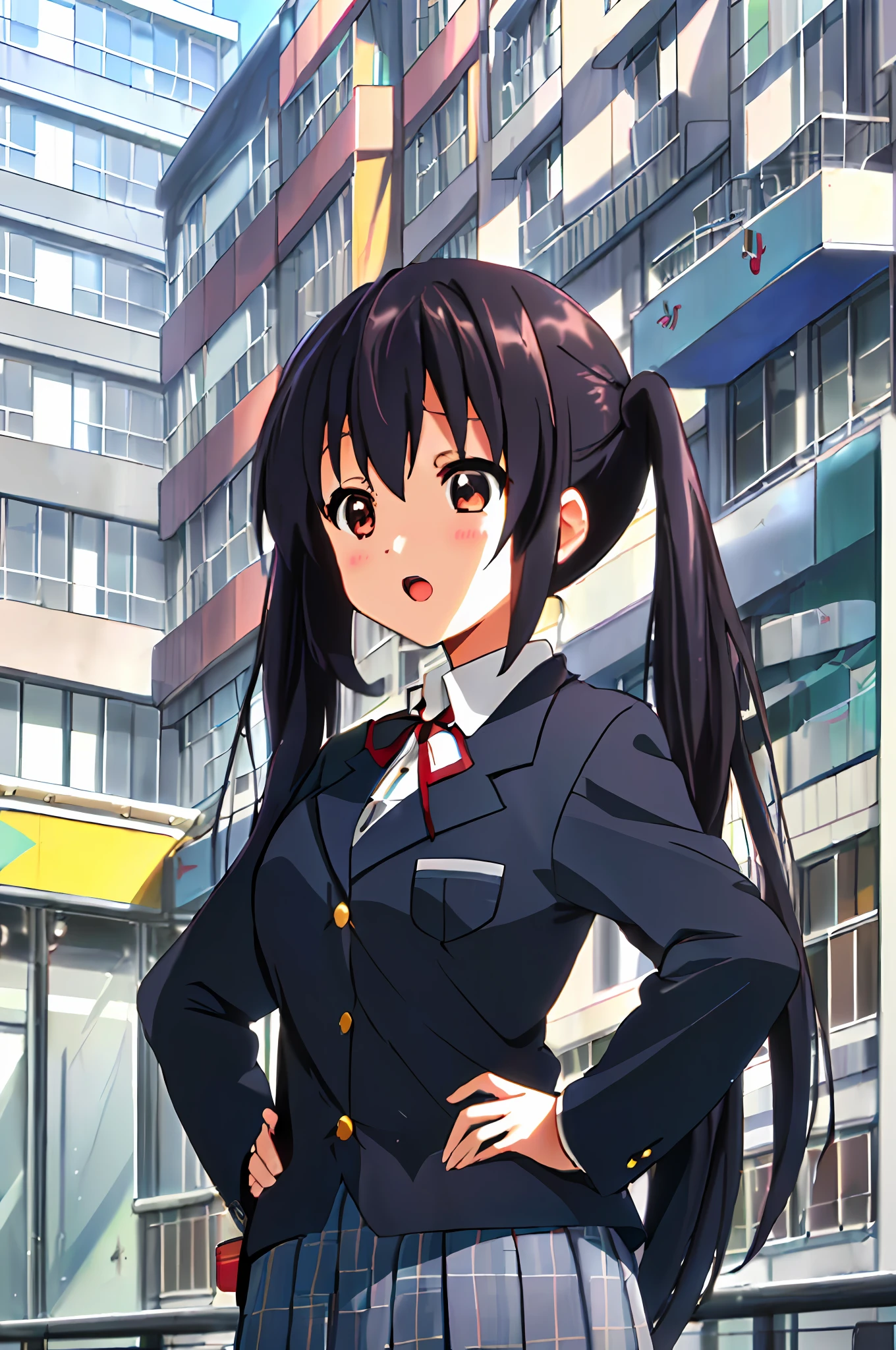 1girl, ((((Masterpiece))), Best Quality, Best Quality, High Detail, Azusa Nakano, 1girl, Sakuragaoka High School Uniform, Musical Instrument, School Uniform, Twin Tails, Long Hair, Black Hair, Brown Eyes, Solo, Red, Dark blue blazer with a thin ribbon of red, Solid white button shirt under blazer, Illustration, Cartoon, Soothing tones, Muted colors, Soft cinematic light, Adobe Lightroom, Photo Lab, HDR, complex and highly detailed, (((depth of field))))). (((Masterpiece))). (((highest quality))).) ((super detail))). (((Illustration))). (((Outside))). (((hands on hips))). (((Stretch your chest)))),(((Gigantic))).dynamic focus.small breasts. (((skyscrapers))). (((Cityscape))). (((Face of sadness))). open mouth.