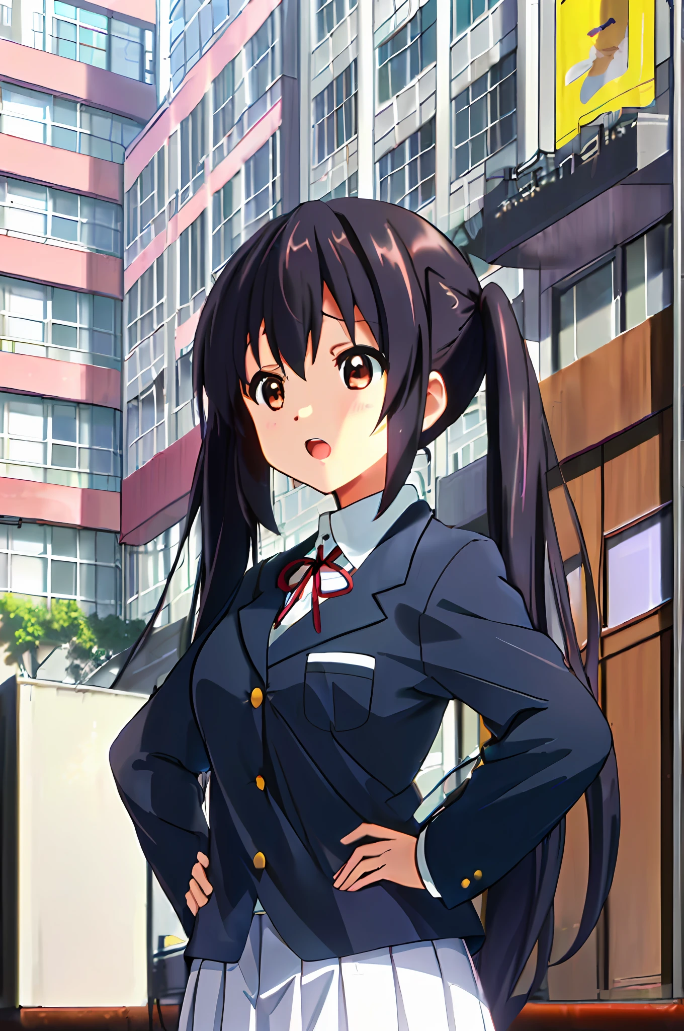 1girl, ((((Masterpiece))), Best Quality, Best Quality, High Detail, Azusa Nakano, 1girl, Sakuragaoka High School Uniform, Musical Instrument, School Uniform, Twin Tails, Long Hair, Black Hair, Brown Eyes, Solo, Red, Dark blue blazer with a thin ribbon of red, Solid white button shirt under blazer, Illustration, Cartoon, Soothing tones, Muted colors, Soft cinematic light, Adobe Lightroom, Photo Lab, HDR, complex and highly detailed, (((depth of field))))). (((Masterpiece))). (((highest quality))).) ((super detail))). (((Illustration))). (((Outside))). (((hands on hips))). (((Stretch your chest)))),(((Gigantic))).dynamic focus.small breasts. (((skyscrapers))). (((Cityscape))). (((Face of sadness))). open mouth.