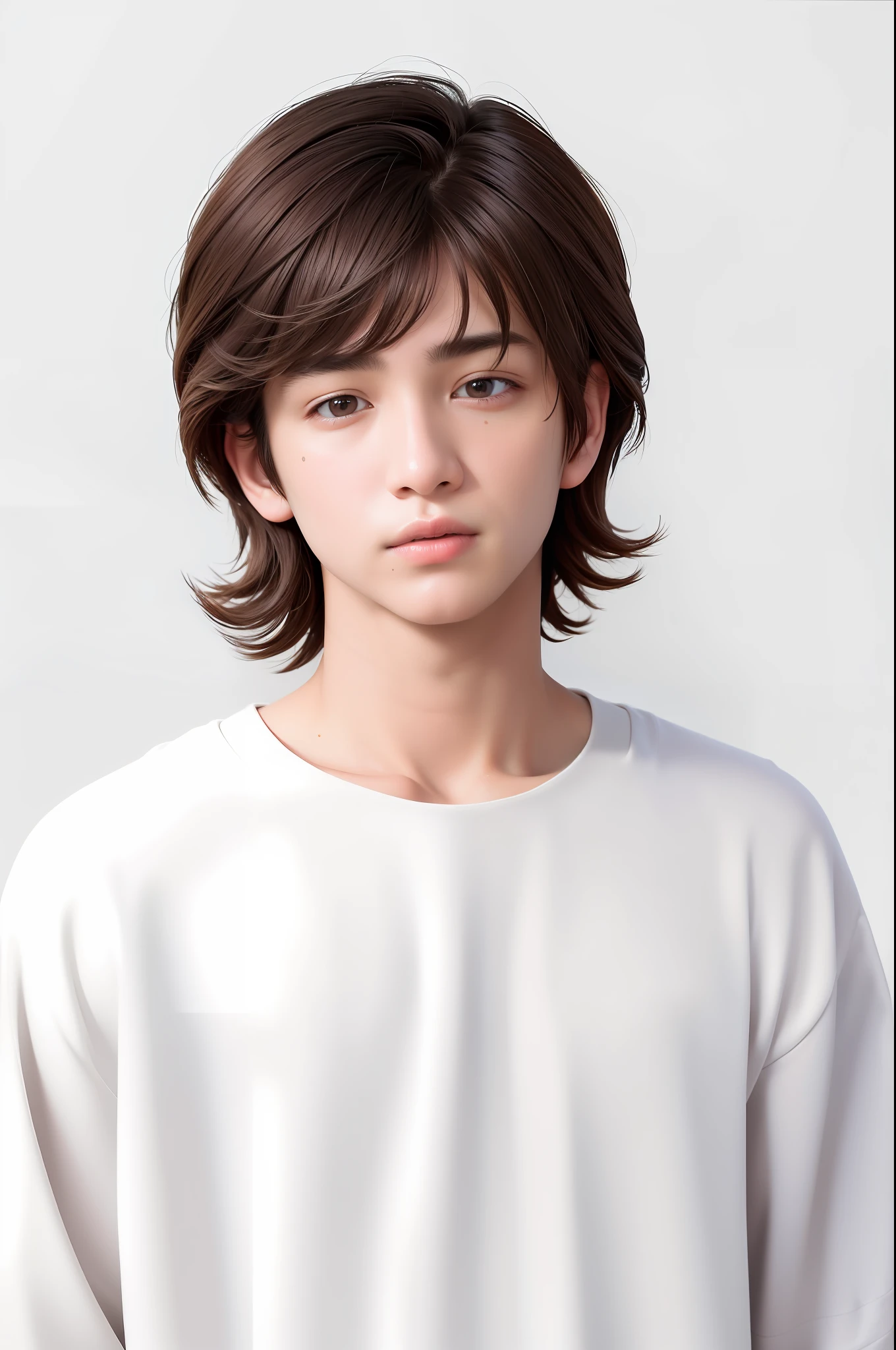 best quality, masterpiece, (realistic:1.2), 1 boy, shoulders length brown hair, brown eyes,Front, detailed face, beautiful eyes