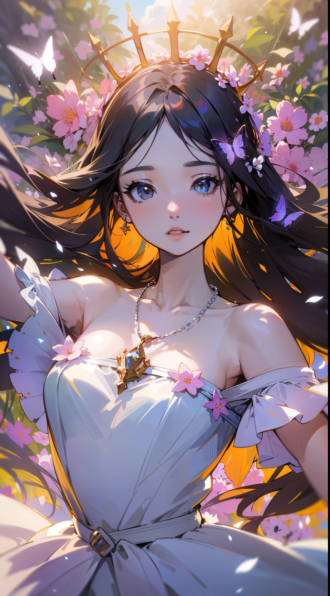 ((SFW)),Masterpiece, High Quality, ((Photoreal))), Cinematic Direction, (High Contrast), Depth of Field, (Award-winning Difference Photo), Face Details, Detailed Drawing, There is a place in the forest where flowers bloom, Girl dancing in a snow-white summer dress in that flower field, Girl , Very long hair with black hair, Summer sky, Summer clouds, Summer dazzling sunlight, Flower garden, Girl with open arms, necklace, crown of flowers, butterfly, fluttering petals, dynamic movement, dance,