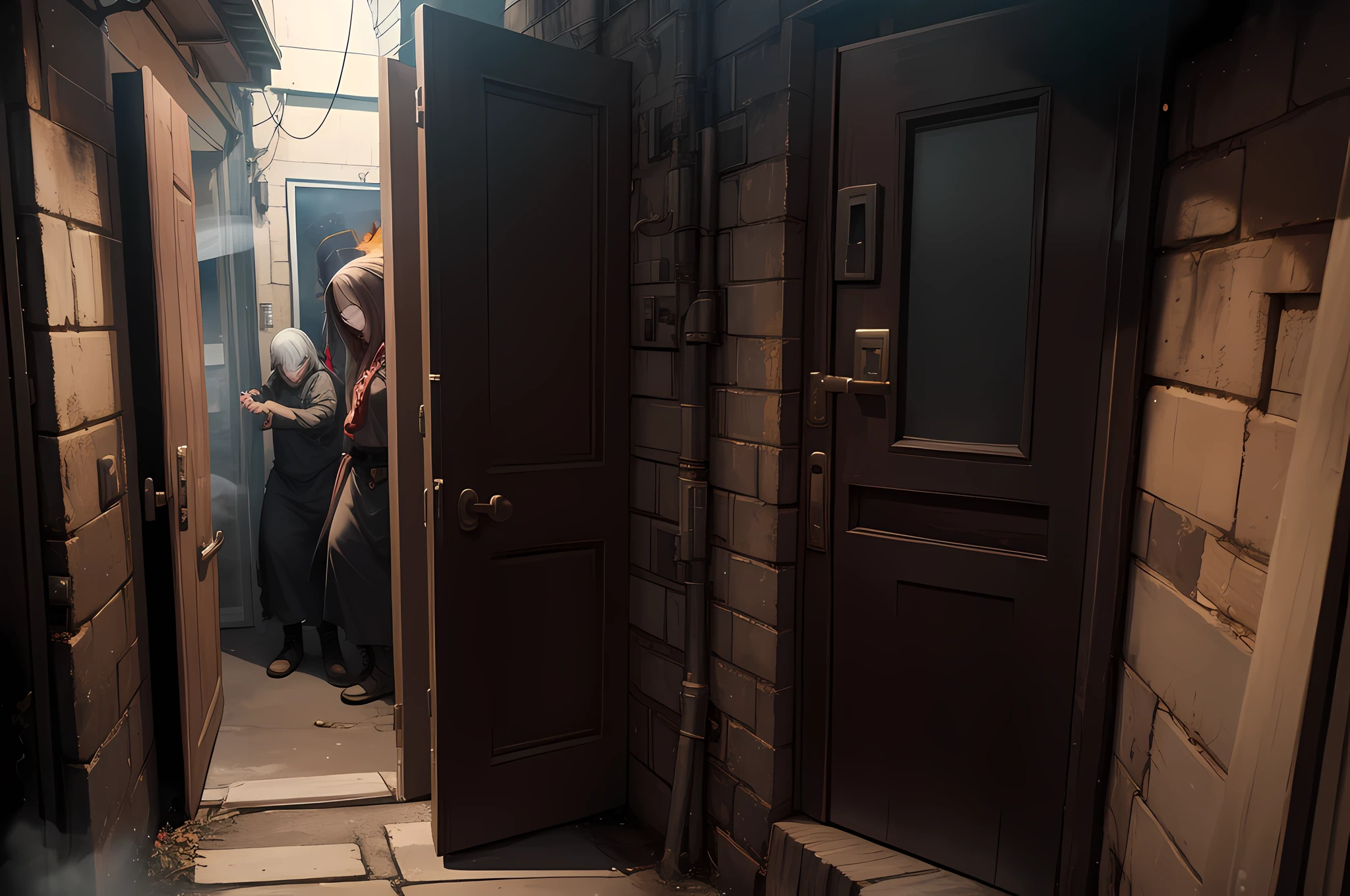 In the alley, a group of zombies, standing in the doorway, closed iron door, knocking on the iron door, thick smoke, fire, overhead view, UHD, high quality, 1080P, retina, HD, 16k