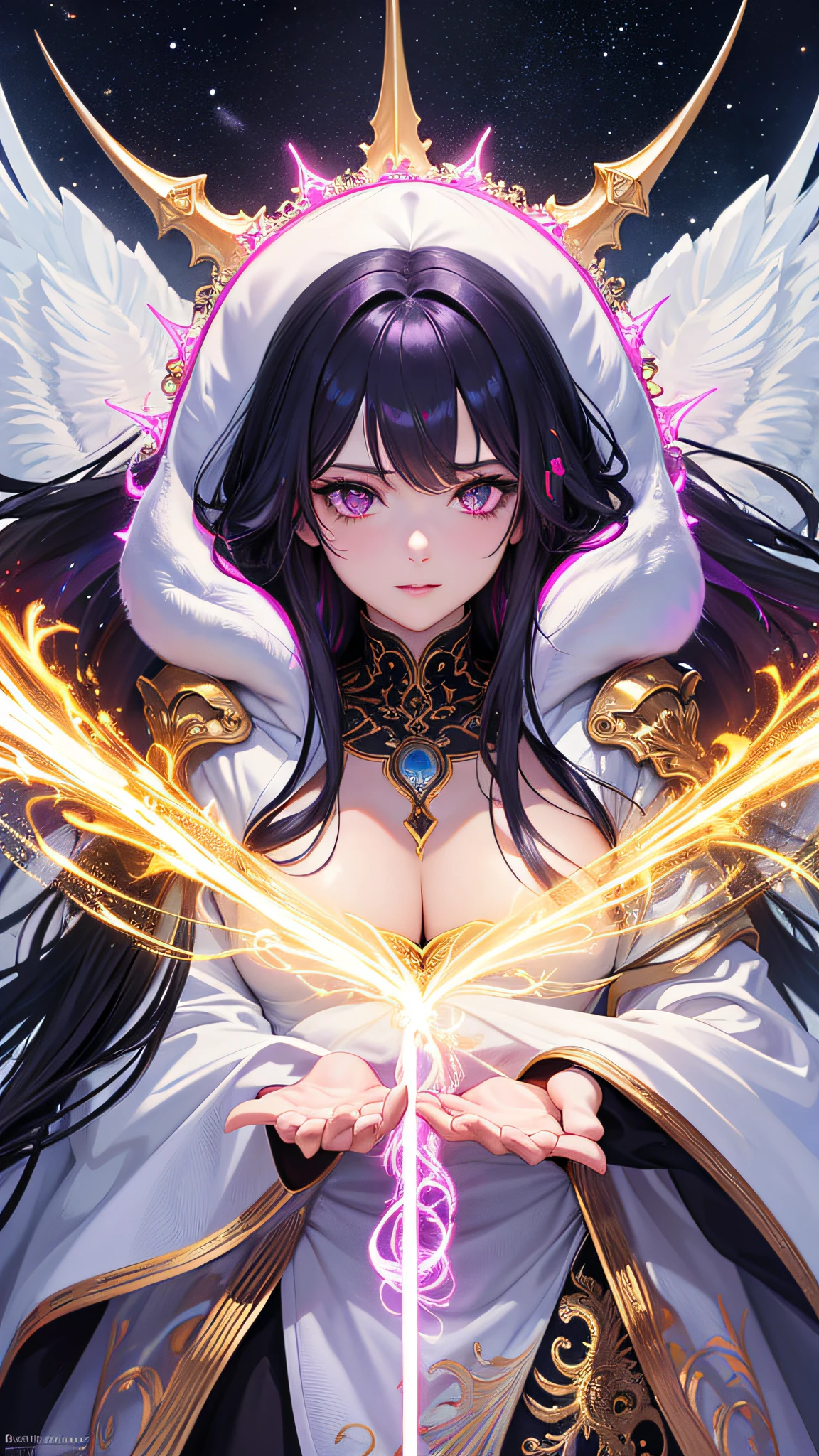 (masterpiece, top quality, best quality, official art, beautiful and aesthetic:1.2), (1girl), extreme detailed eyes, (fractal art:1.3), colorful, highest detailed, (perfect face), shiny skin, HDR, (white cloak golden lines:1.2), galaxy, (light streaks), striking visuals, (dynamic streaks, luminous trails:1.2), vibrant colors, (phoenix), (dragon), mature female, milf, alluring girl, long hair dark purple hair, pink eyes