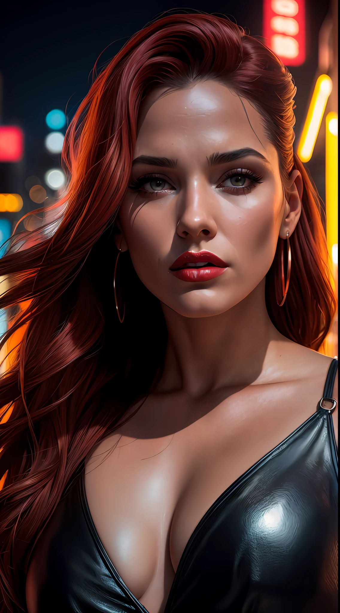 Masterpiece, Jessica Rabbit, lipstick, in a street bustling with neon signs, cyberpunk aesthetics, long hair, very detailed lighting, dramatic, trend digital art in Artstation 8k HD high definition detailed realistic, detailed, skin texture, hyper detailed, realistic skin texture, armor, best quality, ultra high res, (photorealistic: 1.4), high resolution, detailed, Raw photo, Sharp Re, by Lee Jeffries Nikon D850 Film Stock Photography 4 Kodak Portra 400 Camera F1.6 Lens Rich Colors Hyper Realistic Realistic Texture Dramatic Lighting UnrealEngine trend in ArtStation Cinestill 800