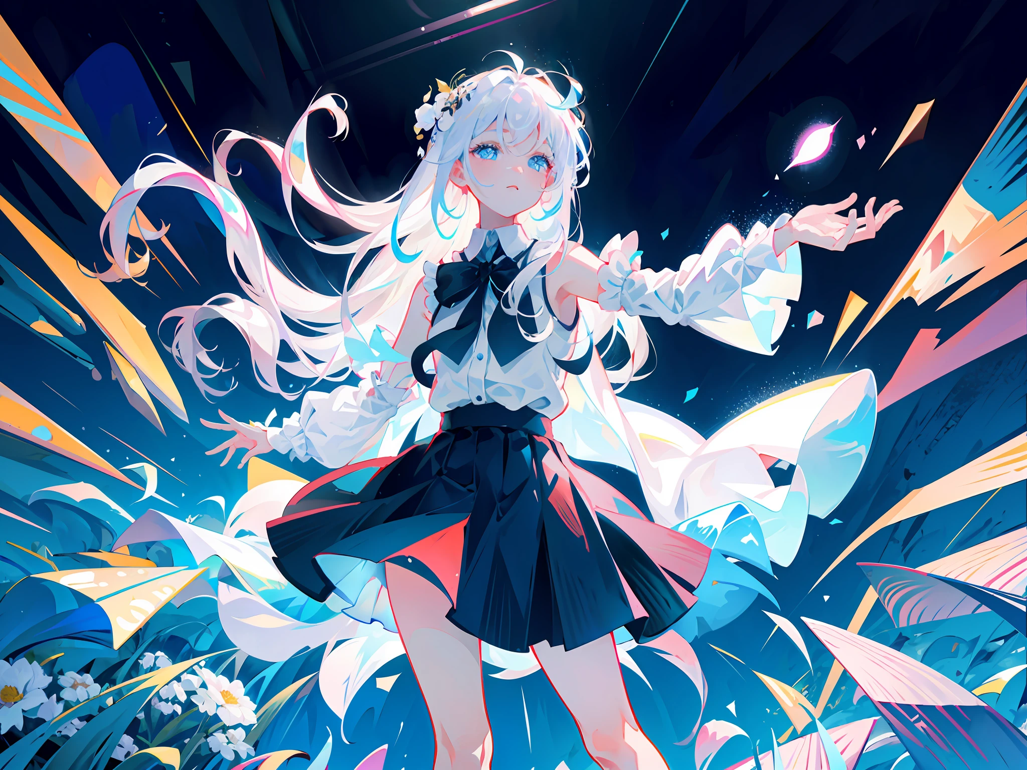 Best quality, super high resolution, (realism: 1.4), 1 woman, sleeveless white button-down shirt, black skirt, black collar, (Kpop idol), (aegyo sal:1), (white gold: 1), (puffy eyes)), looking at the audience, full body, flowers, blue eyes, long hair