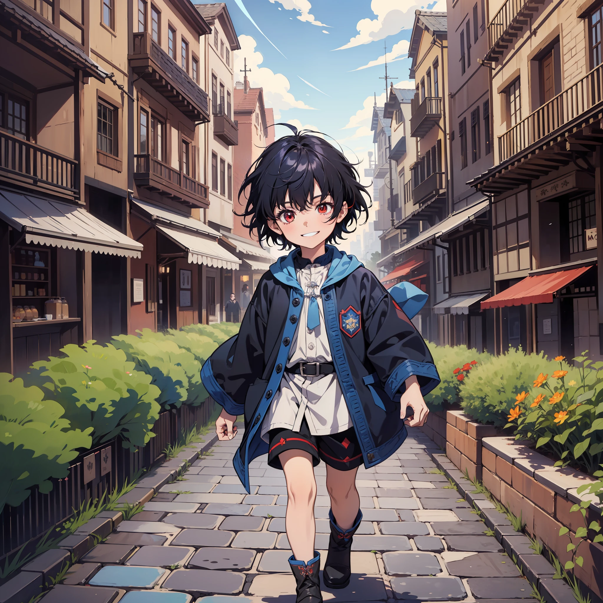 (Ridiculous, High Resolution), (Panorama), Little Boy, Red Eyes, Short Hair, Black Hair, Smile, (Hands Magic Streamer), Western-style Town, Square, Magic Bloom, (Blue Formation at Your Feet), Crowd, Daytime,