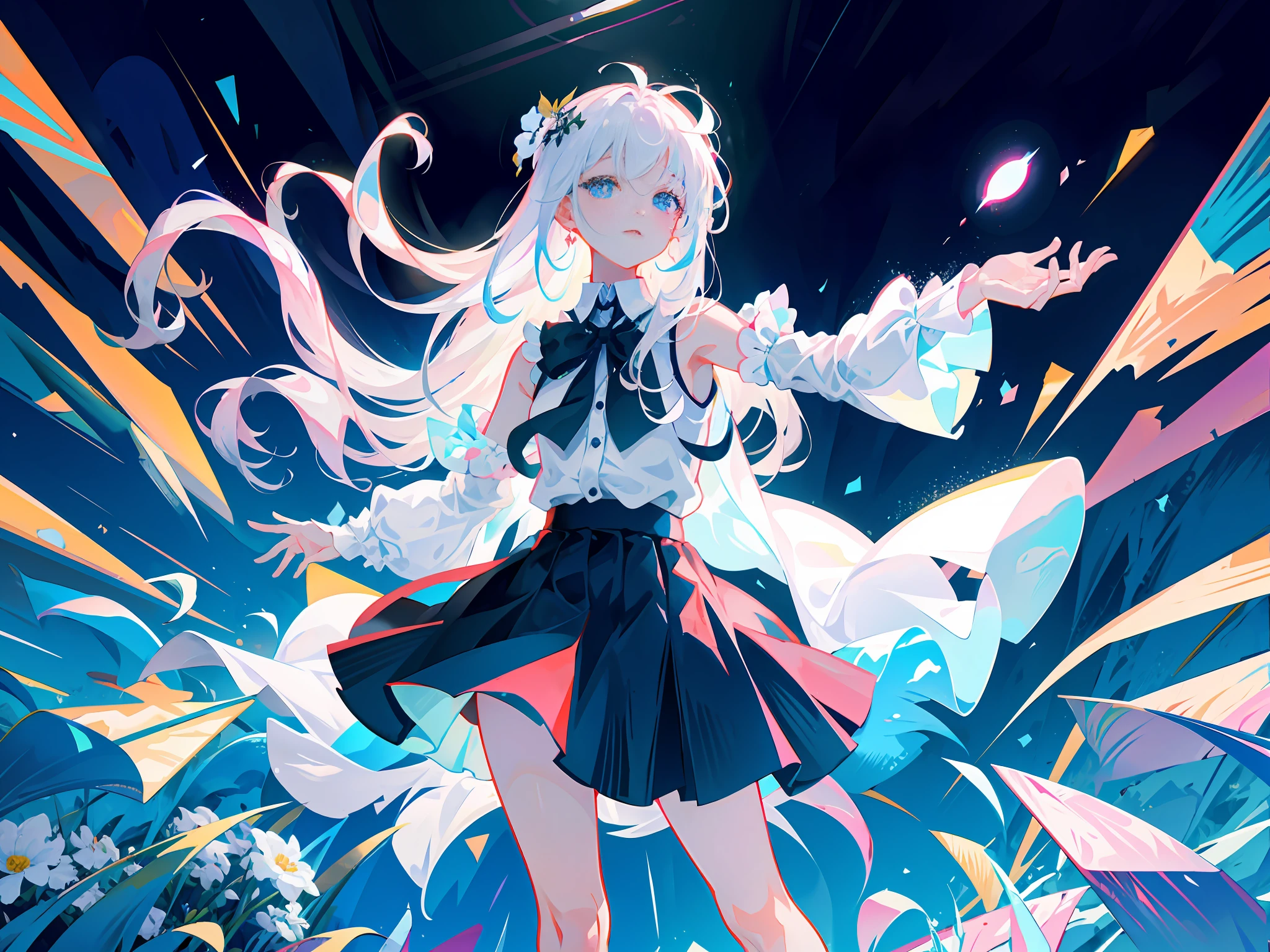 Best quality, super high resolution, (realism: 1.4), 1 woman, sleeveless white button-down shirt, black skirt, black collar, (Kpop idol), (aegyo sal:1), (white gold: 1), (puffy eyes)), looking at the audience, full body, flowers, blue eyes, long hair