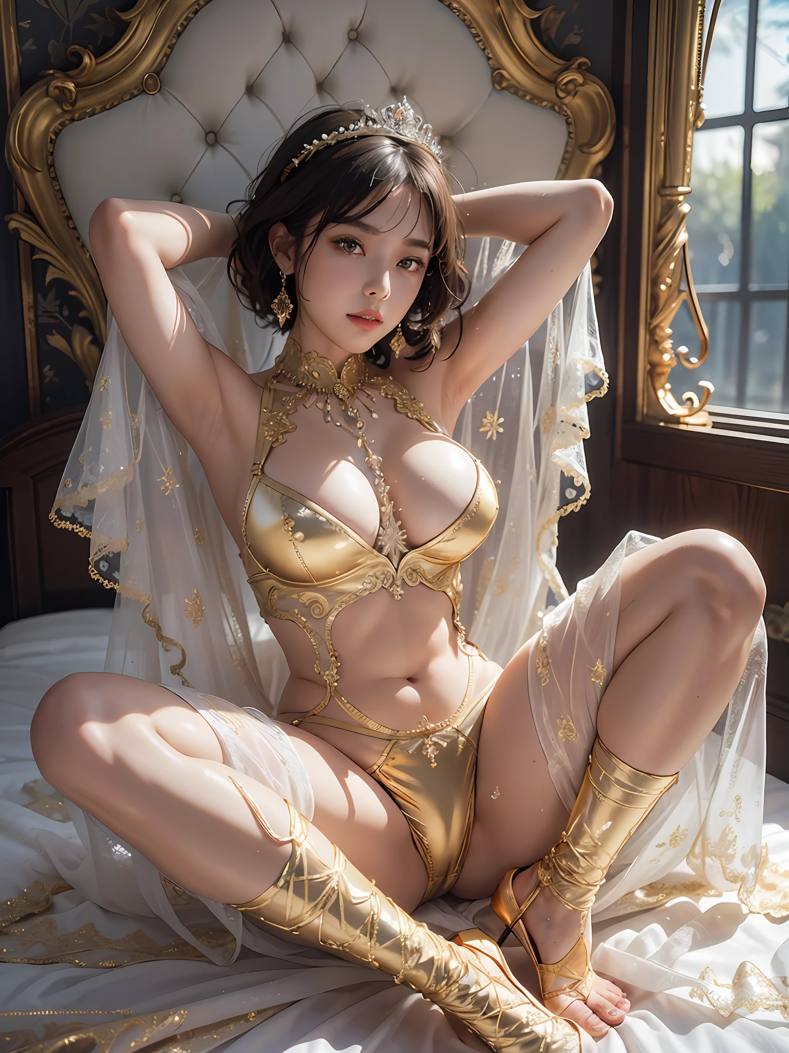 (8k Very Detailed CG Unit Wallpaper), (Best Quality), (Best Illustration), (Best Shadow), (Detail: 1.4), 3D, HDR (High Dynamic Range), Ray Tracing, NVIDIA RTX, Super Resolution, Subsurface Scattering, PBR Texture, Post Processing, Anisotropic Filtering, Depth of Field, Maximum Sharpness and Acutance, Multi-layer Textures, Albedo and Highlight Mapping, Surface Shading, Accurate Simulation of Light-Material Interactions, Perfect Proportions, Octane Rendering, Two-tone Lighting, Wide aperture, low ISO, white balance, rule of thirds, 8K RAW, intricate detail, fine pattern, deep shadows, masterpiece, realism, roughness, ultra-realistic, shot on Canon EOS R5, 50mm lens, f/2.8, sharp focus, smooth, roughness, real life, realism, photography, 8k ultra hd, bride, mature female, short hair, full body, golden gossamer veil,golden gossamer cloak,golden gossamer coat,golden gossamer skirt,golden lace underwear,golden lace thong,golden lace gloves,golden stockings,necklace,earrings,crown,jewels, jewelry, head ornaments, hands ornaments, legs ornaments, high heels, huge breasts, large breasts, big breasts, burst breasts, big breasts, full breasts, exposed breasts, bare breasts, narrow waist, bare ass, big ass, bare belly, bare navel, perfect female body,wet,wet body,sweating body,shiny skin,on bed,lay on bed,hands behind head,spread legs,thighhigh