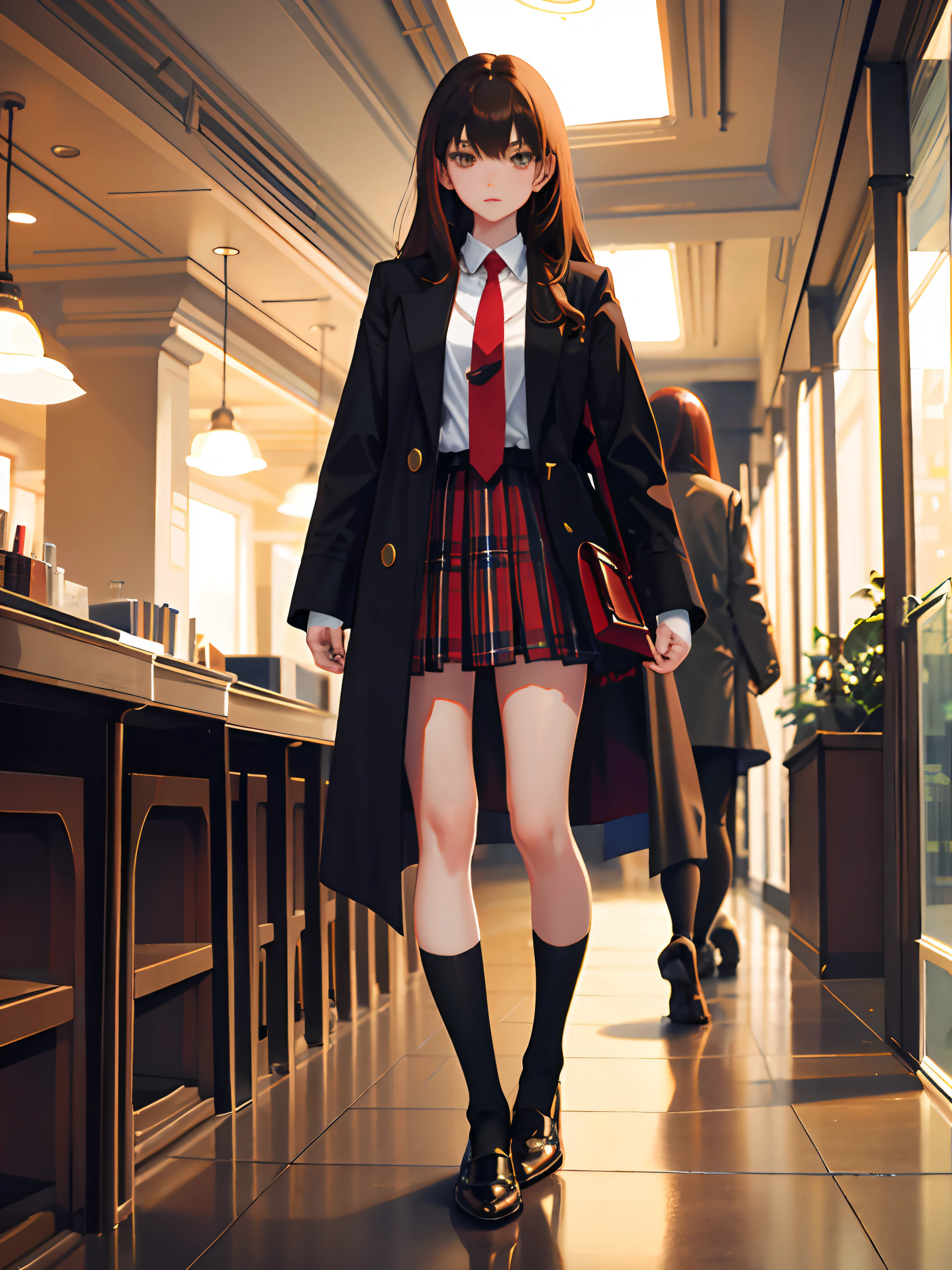 4K, best quality, 1 girl, 18 years old, chestnut hair, waist length hair, 3/4 bangs, red tie, brown coat, liver checkered pleated skirt, girl, campus, black calf socks, leather shoes