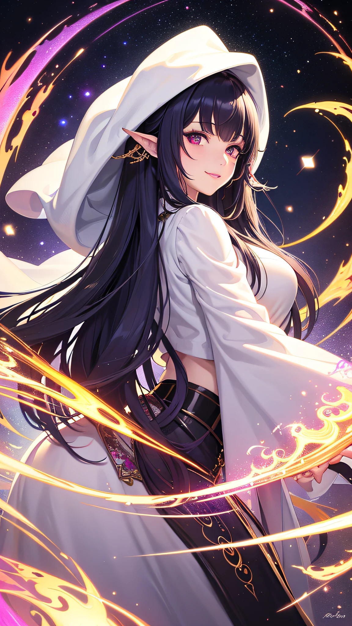 (masterpiece, top quality, best quality, official art, beautiful and aesthetic:1.2), (1girl), extreme detailed eyes, (fractal art:1.3), colorful, highest detailed, (perfect face), shiny skin, HDR, (white cloak golden lines:1.2), galaxy, (light streaks), striking visuals, (dynamic streaks, luminous trails:1.2), vibrant colors, (phoenix), (dragon), mature female, milf, alluring girl, long hair dark purple hair, pink eyes, gentle smile, beautiful smile