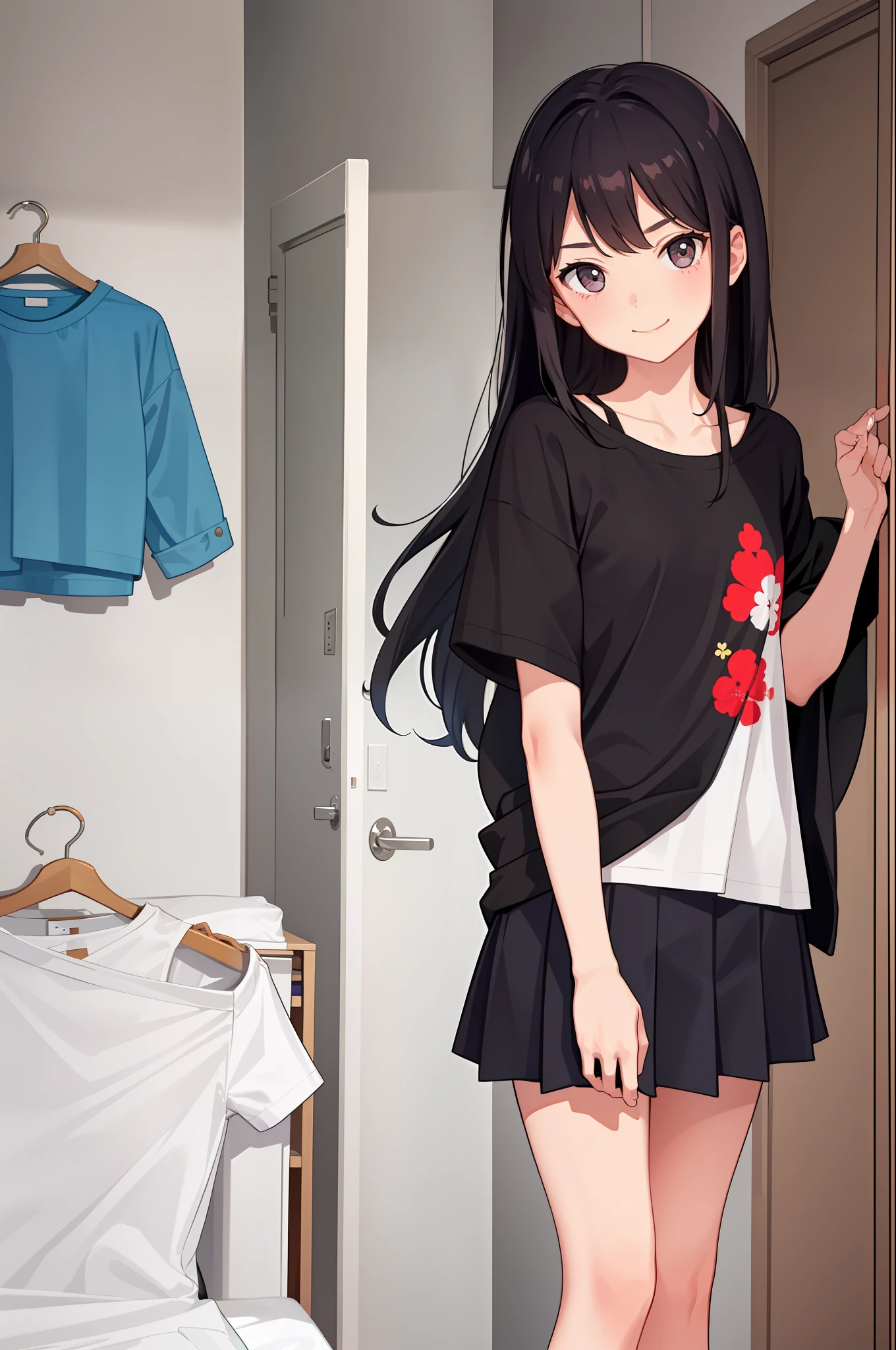 1 girl, smile, shirt, skirt, (small) chillerism, her own room, changing clothes, while changing clothes,