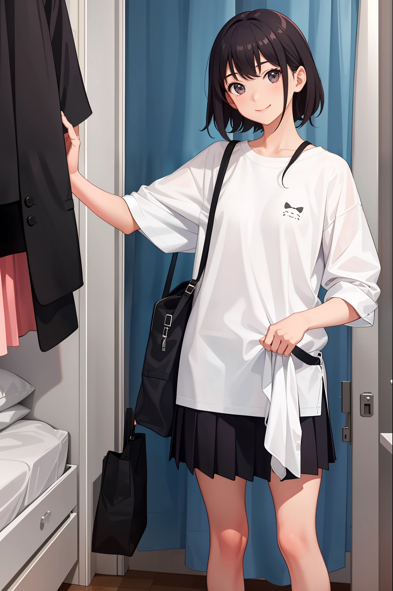 1 girl, smile, shirt, skirt, (small) chillerism, her own room, changing clothes, while changing clothes,