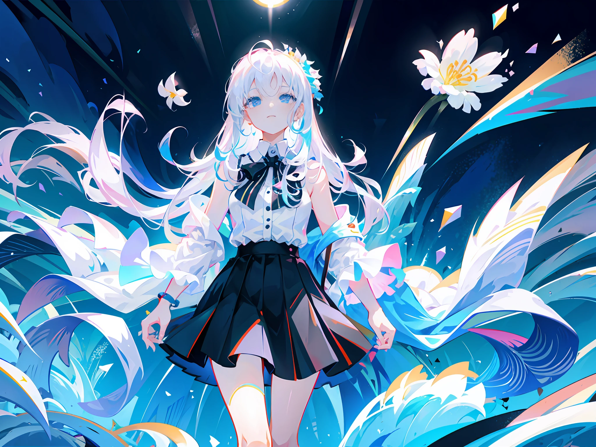 Best quality, super high resolution, (realism: 1.4), 1 woman, sleeveless white button-down shirt, black skirt, black collar, (Kpop idol), (aegyo sal:1), (white gold: 1), (puffy eyes)), looking at the audience, full body, flowers, blue eyes, long hair