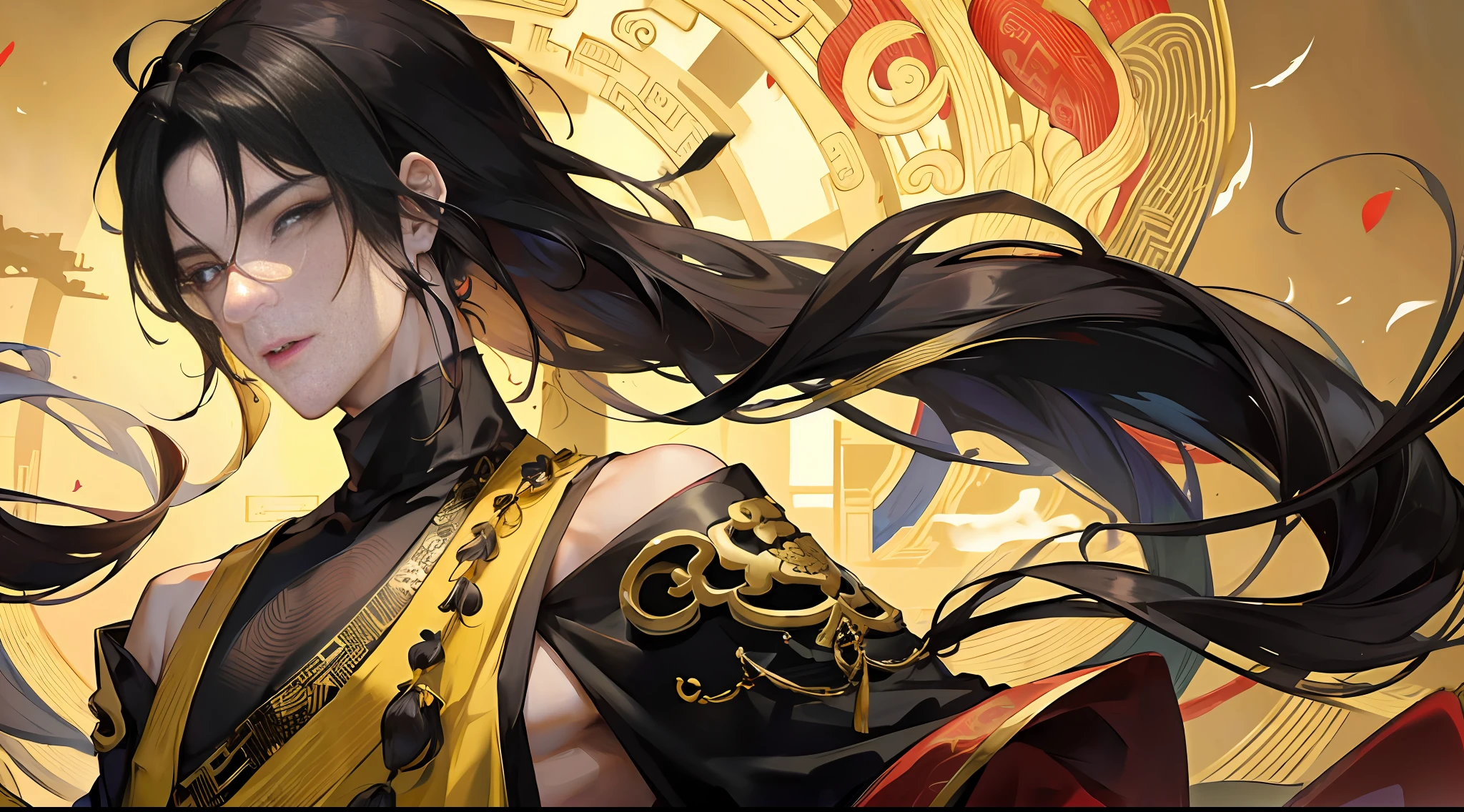 (Ancient Chinese style: 1.3+ prince), (Chinese style costume), high-definition ultra-detailed CG excellent illustration, back hair split ends long hair long bangs, male, black hair, dark eyes, (wide shoulder masculine: 1.2 + gentle and handsome), (split turtleneck: 1.1 + black and gold mixed), (dark dragon pattern: 1.2 setting), solo.