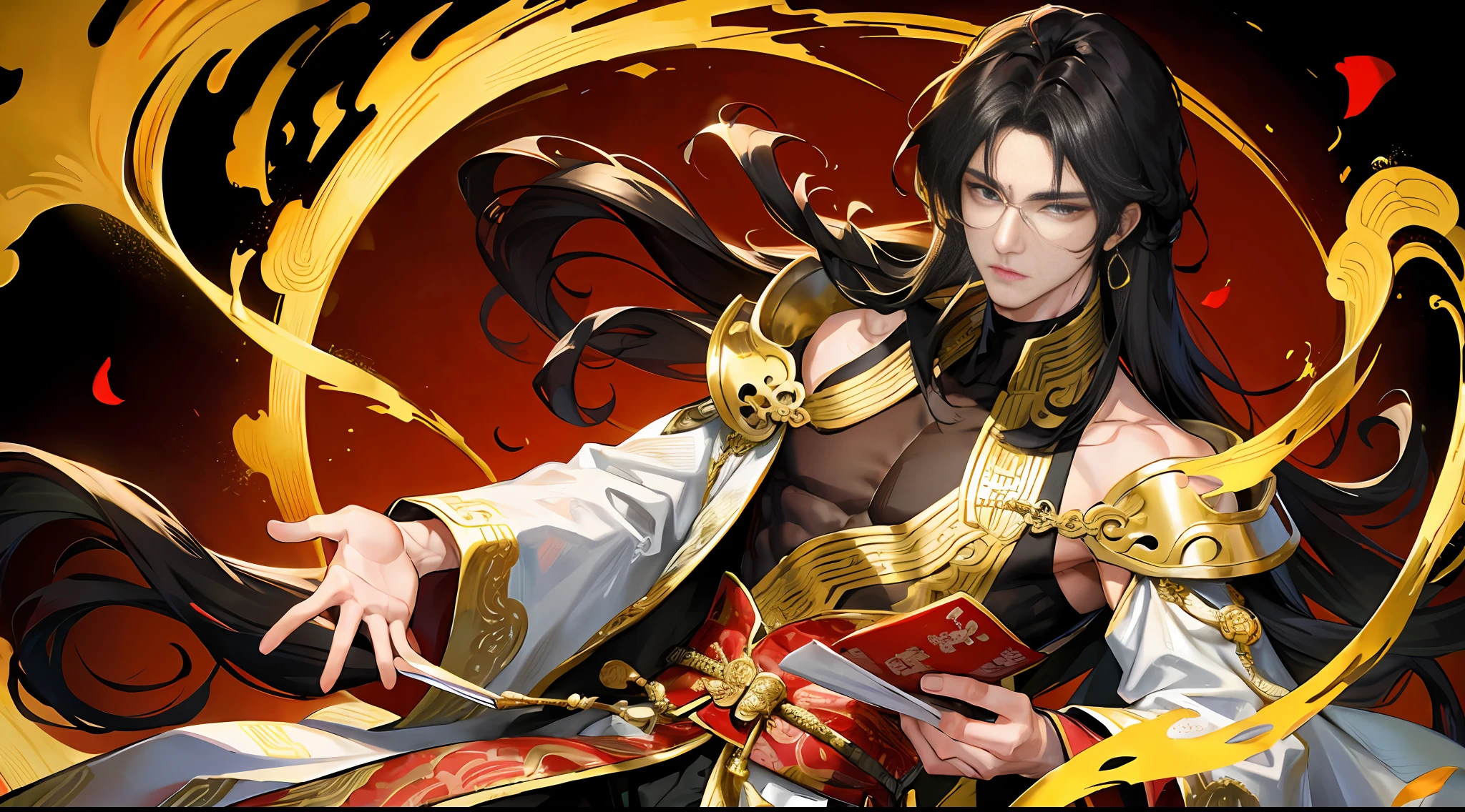 (Ancient Chinese style: 1.3+ prince), (Chinese style costume), high-definition ultra-detailed CG excellent illustration, back hair split ends long hair long bangs, male, black hair, dark eyes, (wide shoulder masculine: 1.2 + gentle and handsome), (split turtleneck: 1.1 + black and gold mixed), (dark dragon pattern: 1.2 setting), solo.