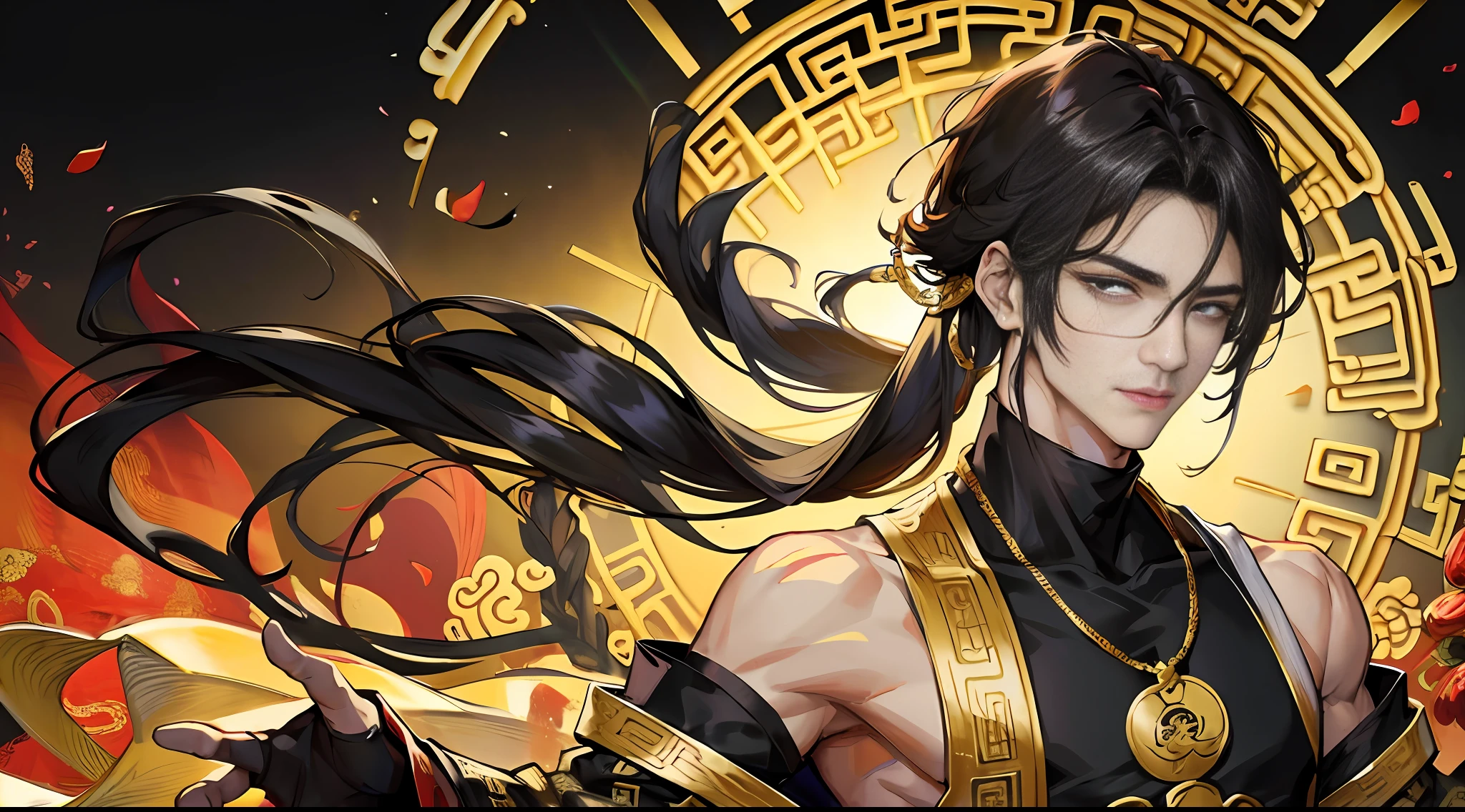 (Ancient Chinese style: 1.3+ prince), (Chinese style costume), high-definition ultra-detailed CG excellent illustration, back hair split ends long hair long bangs, male, black hair, dark eyes, (wide shoulder masculine: 1.2 + gentle and handsome), (split turtleneck: 1.1 + black and gold mixed), (dark dragon pattern: 1.2 setting), solo.
