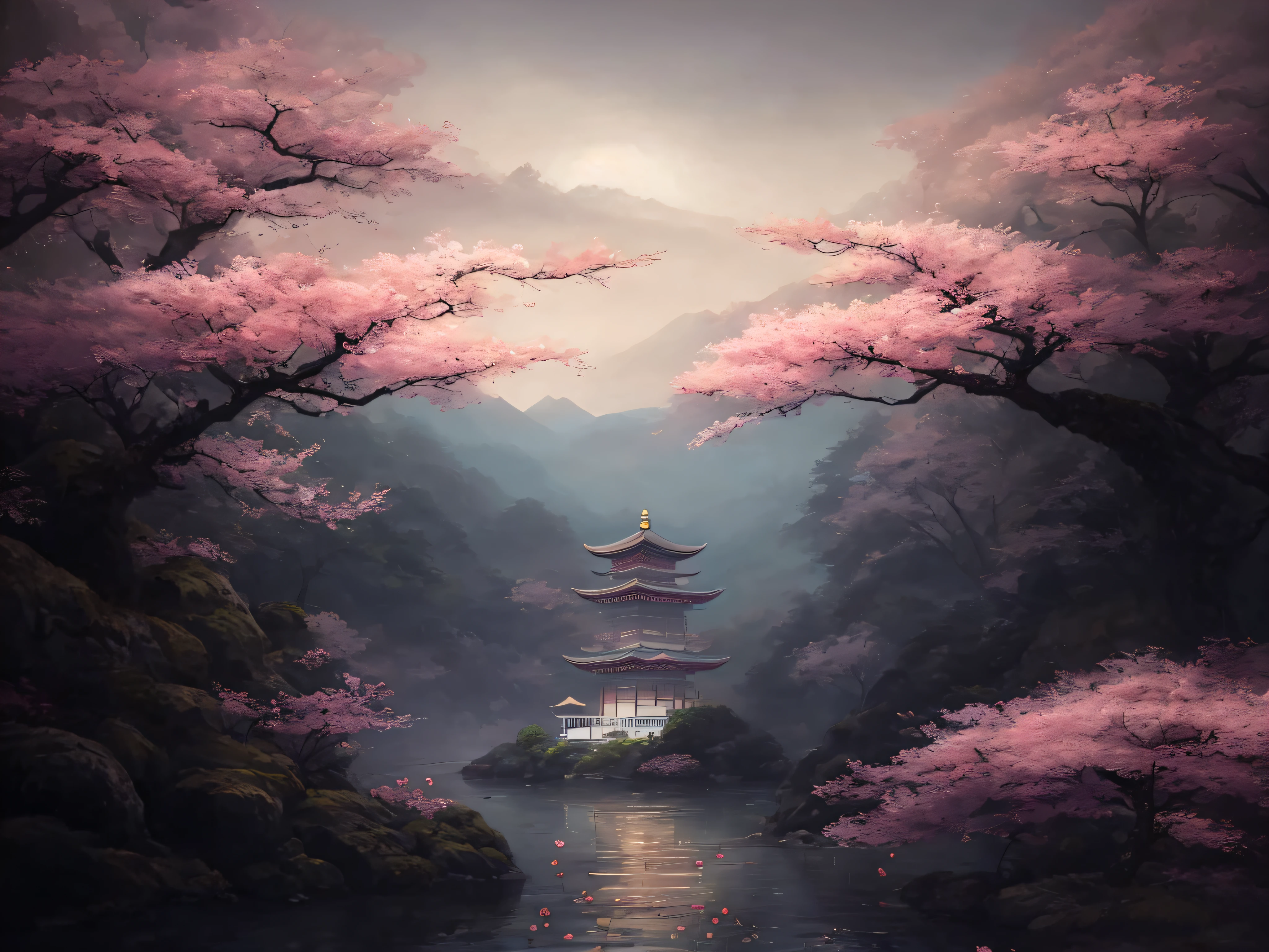 a painting of a pagoda in a forest with pink flowers, cherry blossom forest, japanese landscape, in a serene landscape, scenery artwork, beautiful digital painting, japanese fantasy, fantasy art landscape, japanese art, very beautiful digital art, digital painting of a pagoda, sakura trees, cherry blossom trees, beautiful oil matte painting, chinese landscape, japanese art style, fantasy landscape painting