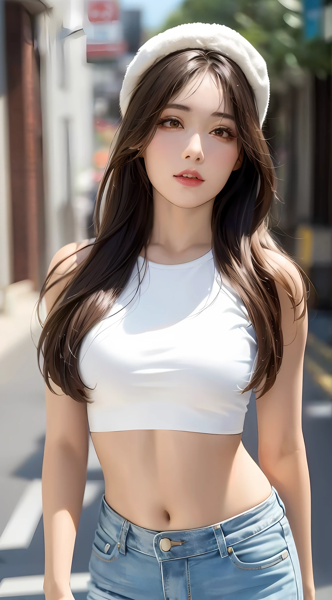 a close up of a woman wearing a white top and jeans, gorgeous young korean woman, beautiful south korean woman, korean girl, beautiful young korean woman, korean woman, beautiful asian girl, jaeyeon nam, korean women's fashion model, wearing crop top, beautiful asian woman, white bra, asian girl with long hair, heonhwa choe, asian girl