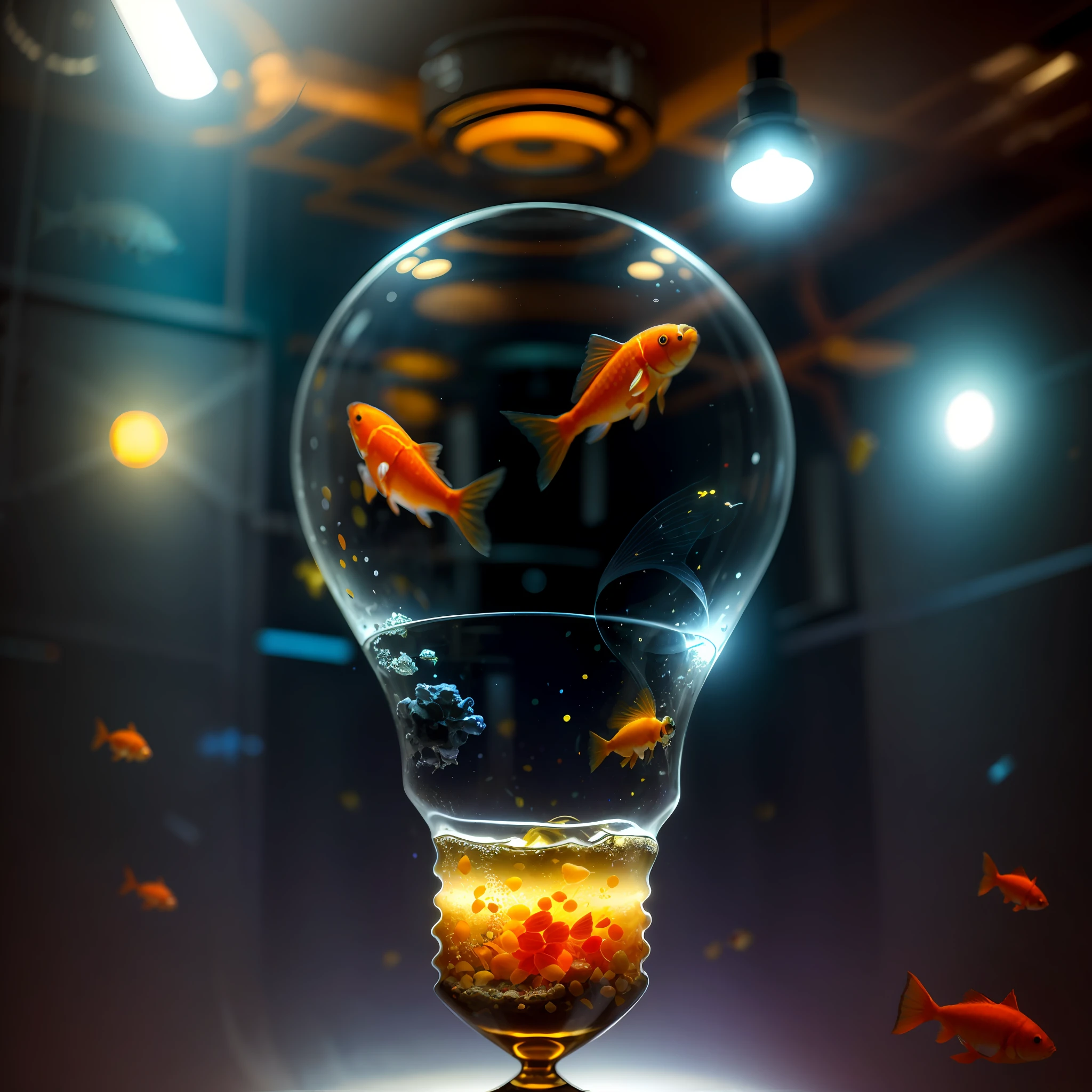 a light bulb with two goldfishs inside, lamp ( ( ( fish tank ) ) ) ), lightbulb, an idea seep's into infinity, by derek zabrocki, imaginative!!, imaginative!!!, surrealism!!!!, light bulb, by Aleksander Gierymski, by Matt Stewart, thought provoking, creative lighting, photoshoot, amazing composition, background cyberwave, background steampunk walls, background cybernetic technology