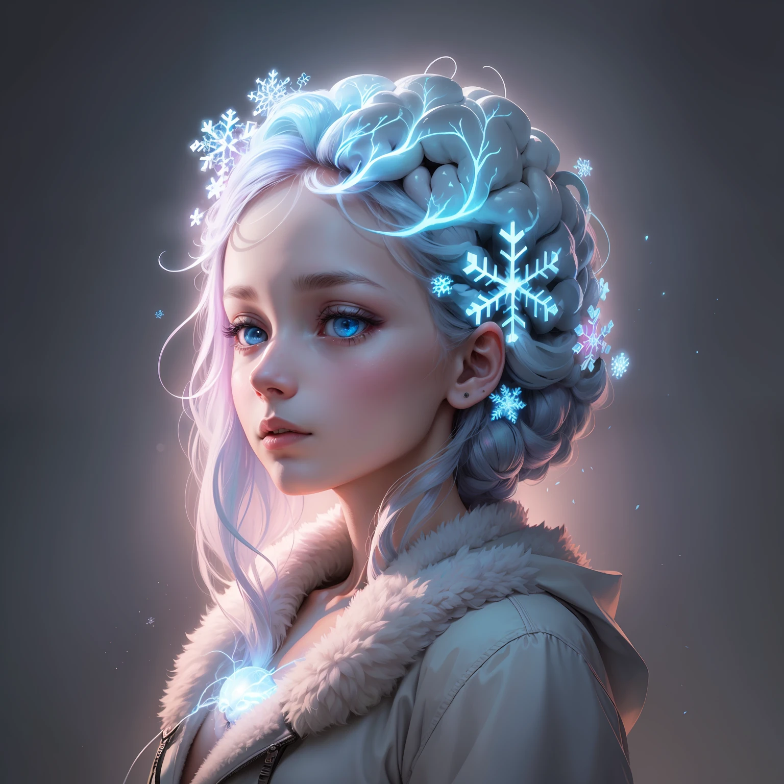 Create an image of a human brain, illuminated by a ray of light, on a dark background with snowflakes. Use cool colors and contrast to create a sense of mystery and curiosity. The brain must be realistic and detailed, showing its different parts and functions. --auto --s2
