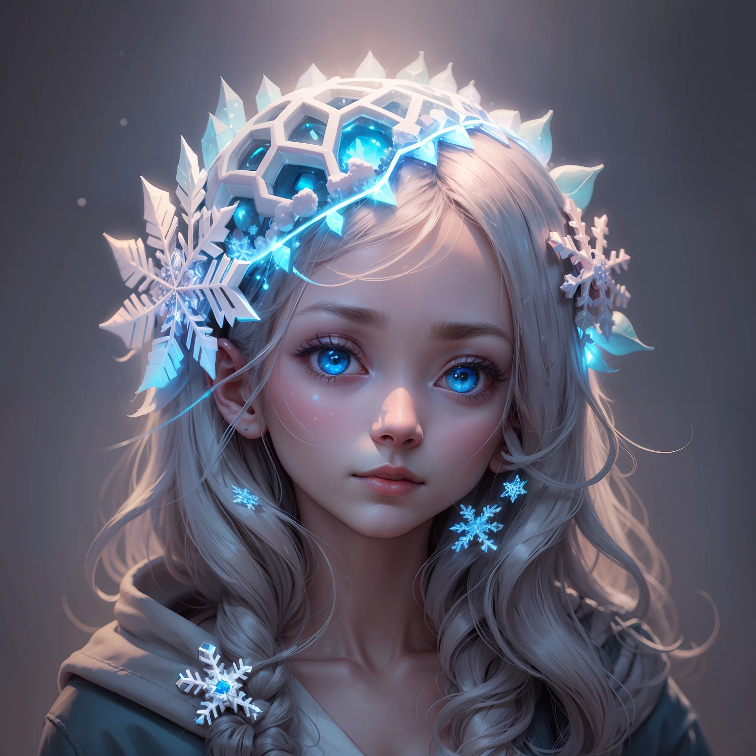 Create an image of a human brain, illuminated by a ray of light, on a dark background with snowflakes. Use cool colors and contrast to create a sense of mystery and curiosity. The brain must be realistic and detailed, showing its different parts and functions. --auto --s2