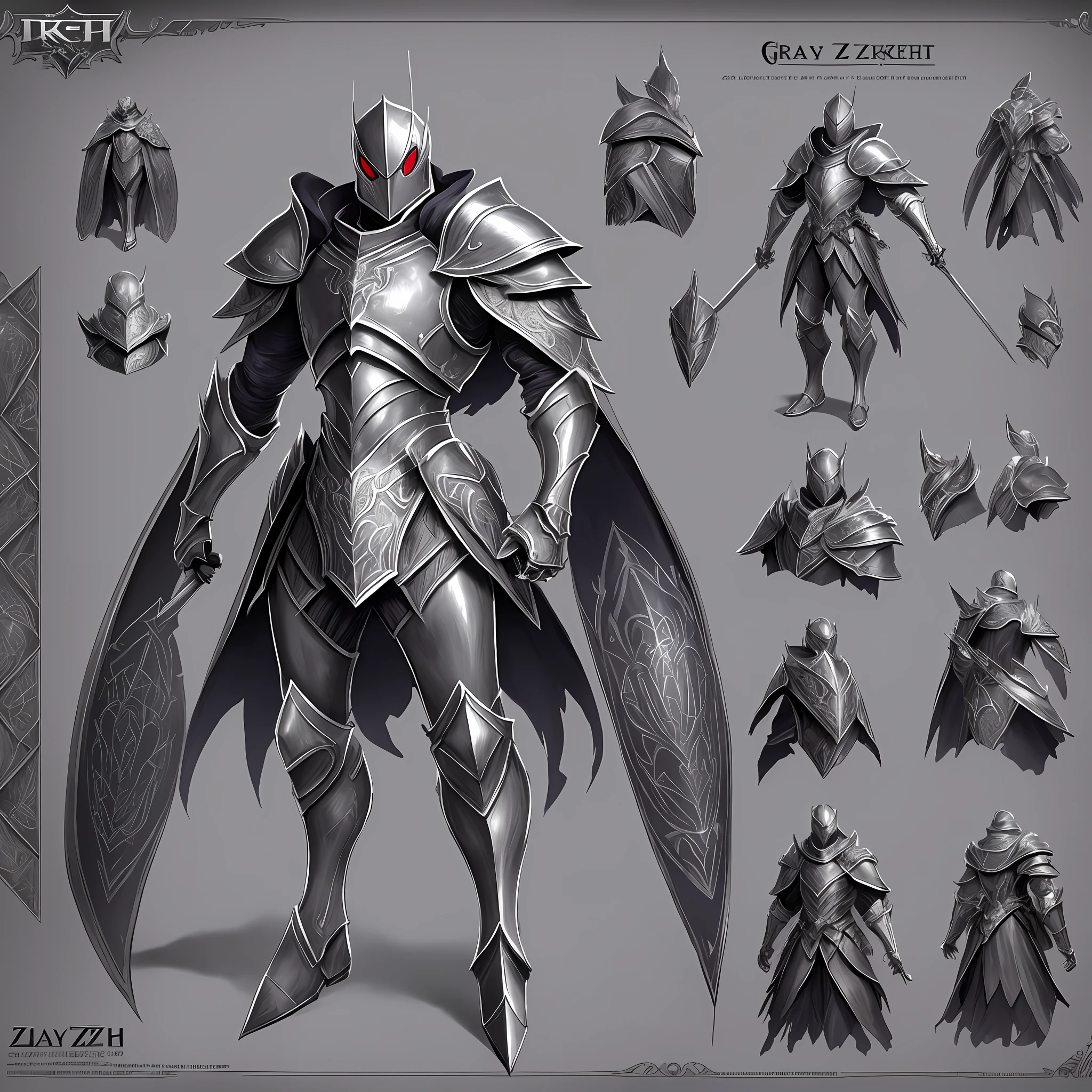 Concept art of the character sheet of a gray background Spider Knight (ZRPG style) (masterpiece: 1.2) (illustration: 1.1) (best quality: 1.2) (detailed) (intricate) (8k) (HDR) (wallpaper) (cinematic lighting) (clear focus) --auto --s2