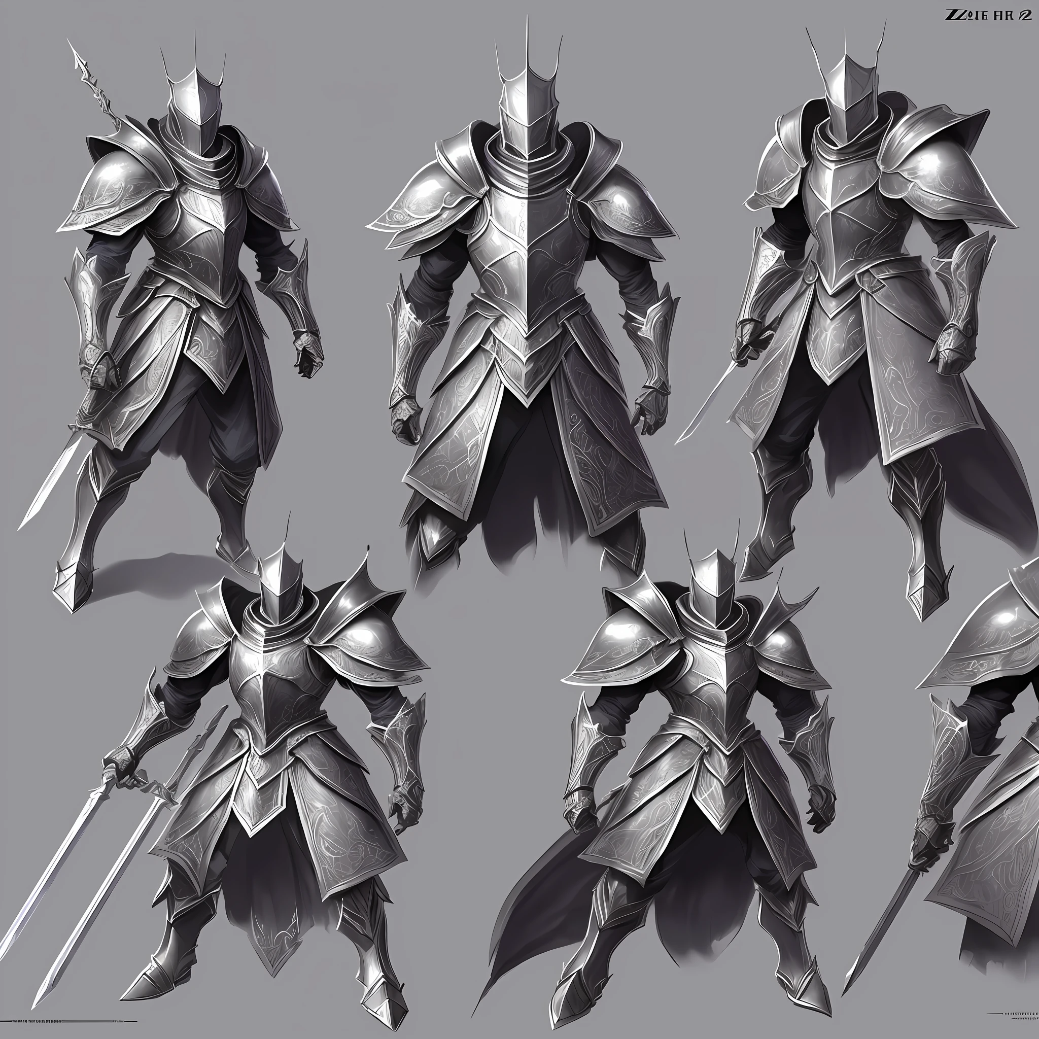 Concept art of the character sheet of a gray background Spider Knight (ZRPG style) (masterpiece: 1.2) (illustration: 1.1) (best quality: 1.2) (detailed) (intricate) (8k) (HDR) (wallpaper) (cinematic lighting) (clear focus) --auto --s2