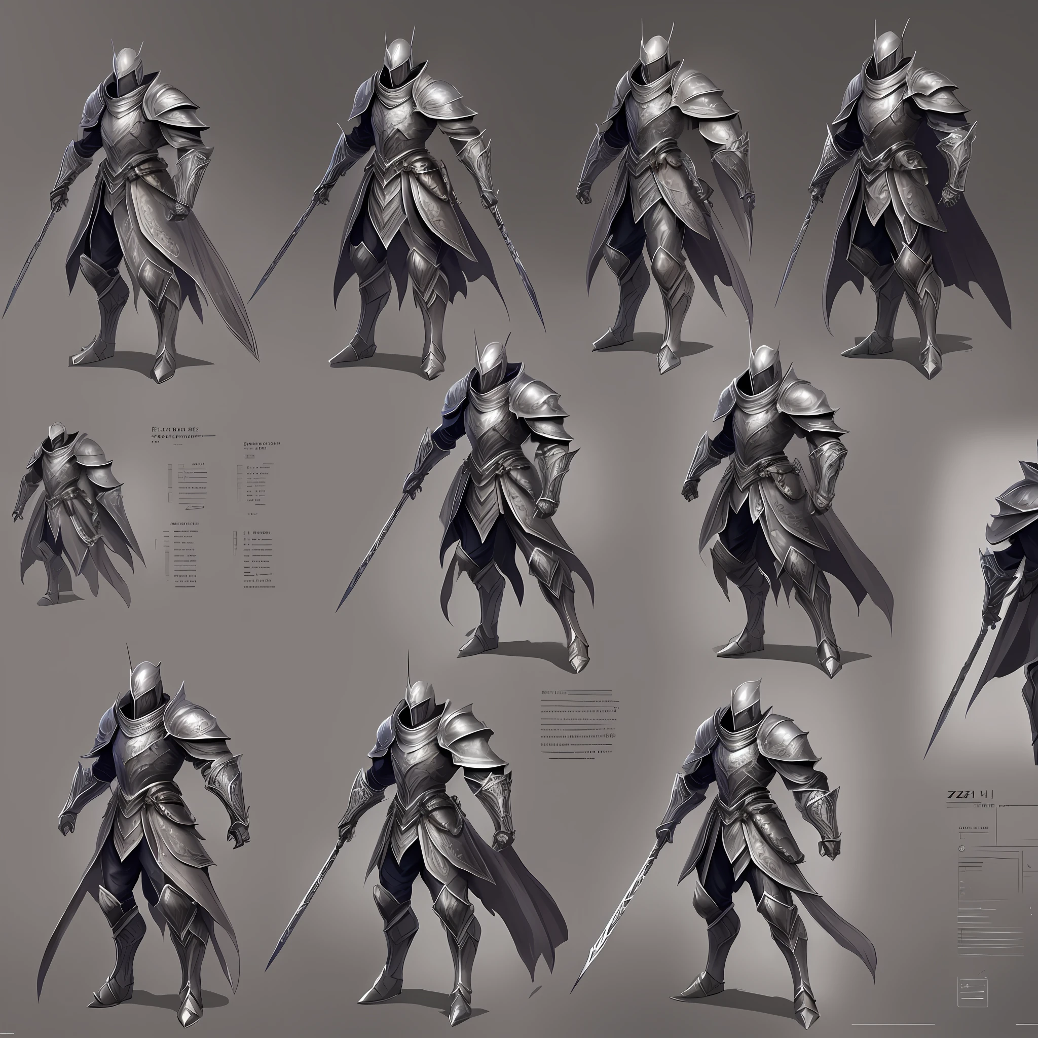 Concept art of the character sheet of a gray background Spider Knight (ZRPG style) (masterpiece: 1.2) (illustration: 1.1) (best quality: 1.2) (detailed) (intricate) (8k) (HDR) (wallpaper) (cinematic lighting) (clear focus) --auto --s2