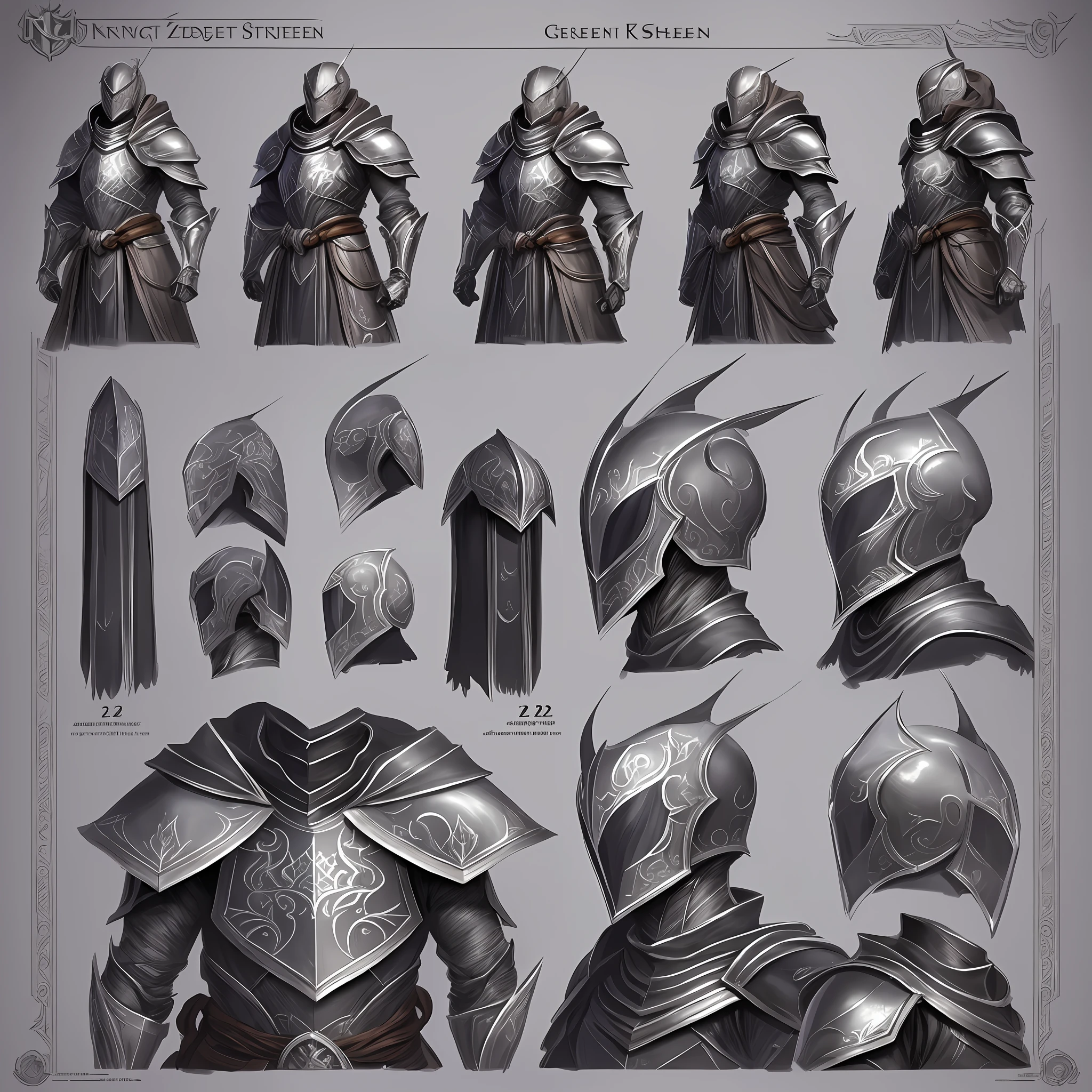 Concept art of the character sheet of a gray background Spider Knight (ZRPG style) (masterpiece: 1.2) (illustration: 1.1) (best quality: 1.2) (detailed) (intricate) (8k) (HDR) (wallpaper) (cinematic lighting) (clear focus) --auto --s2