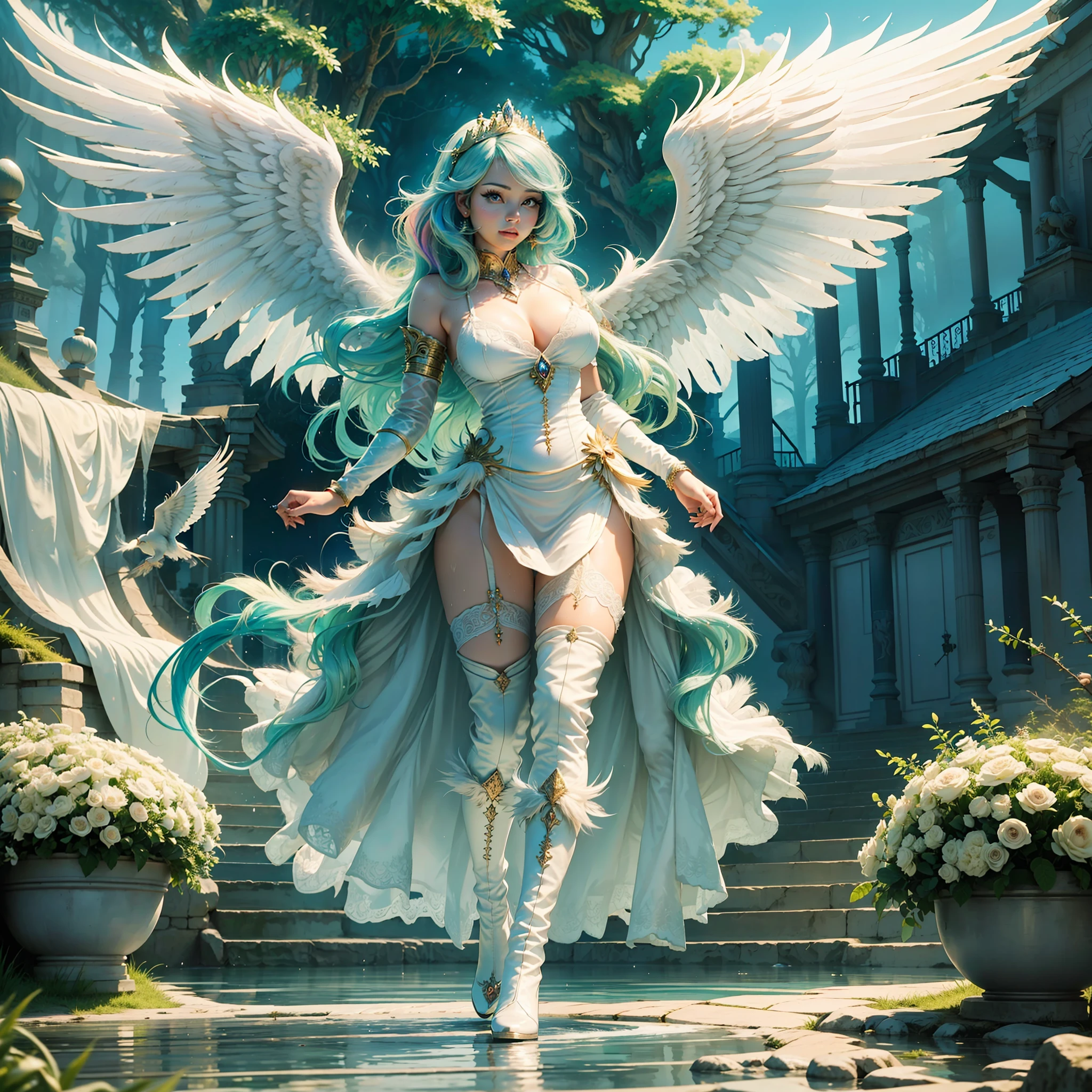 Celestiahuman, Princess Celestia from my little pony, Princess Celestia in the form of a girl, big breasts, lush breasts, voluminous breasts, elastic breasts, you can see the whole body, shin, heels, feet, five fingers, detailed hands, Big white angel wings behind the back, white feathers, thin lace white dress, the dress is wet, translucent, stands against the background of the palace, stands straight, white knee-high boots, palace in the mountain, waterfall from the palace, dawn, white feathers fly