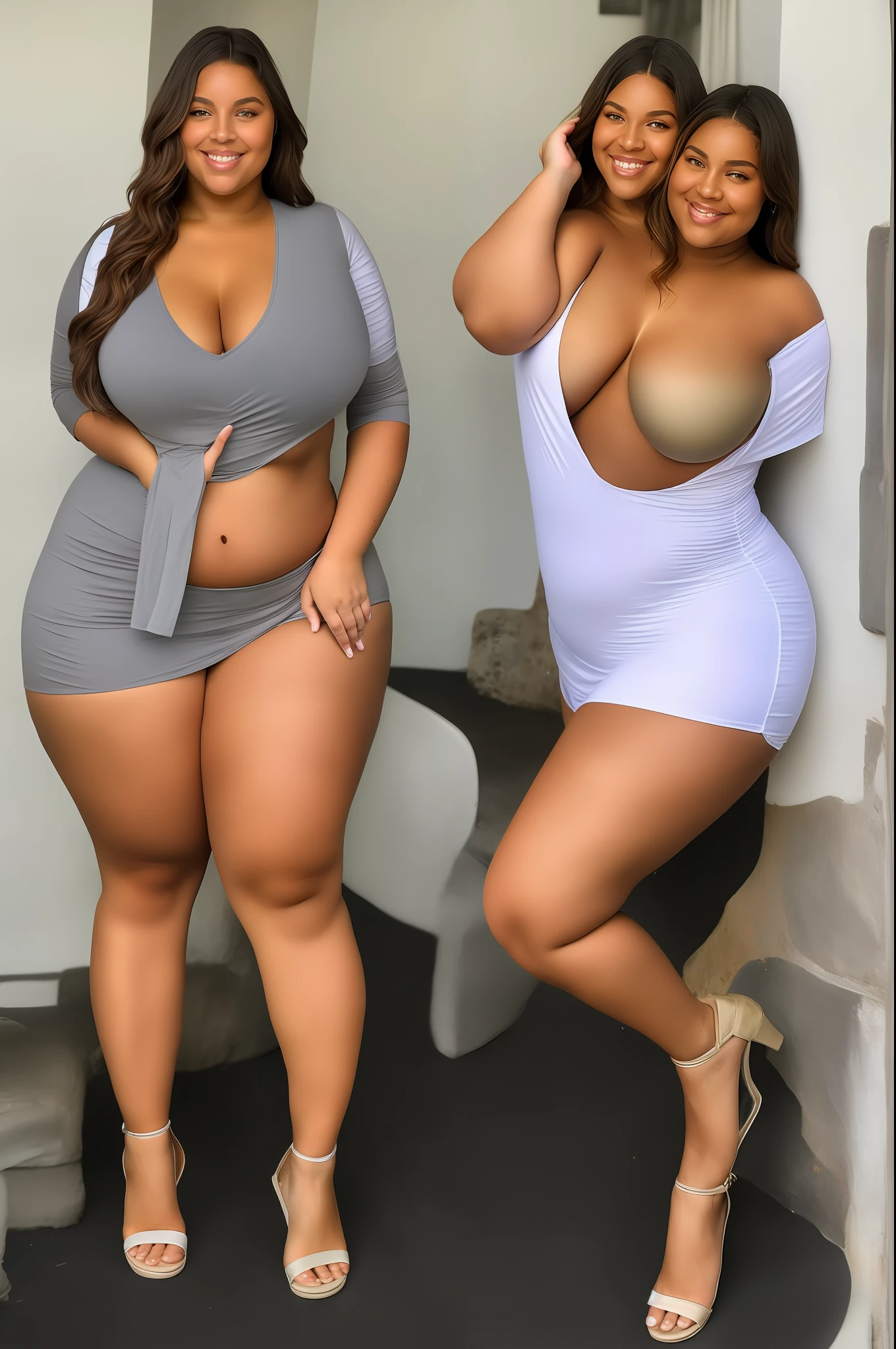 2heads, Irish,  broad shoulders,  two heads side by side, conjoined, a curvy woman with wide-angle shot, no more than 2 arms, no nore than 2 legs, featuring curvy thighs with smooth skin and soft lighting. The thighs should be thick with a gentle curve and defined muscles. The overall look should be voluptuous thighs with a subtle shine and a soft glow