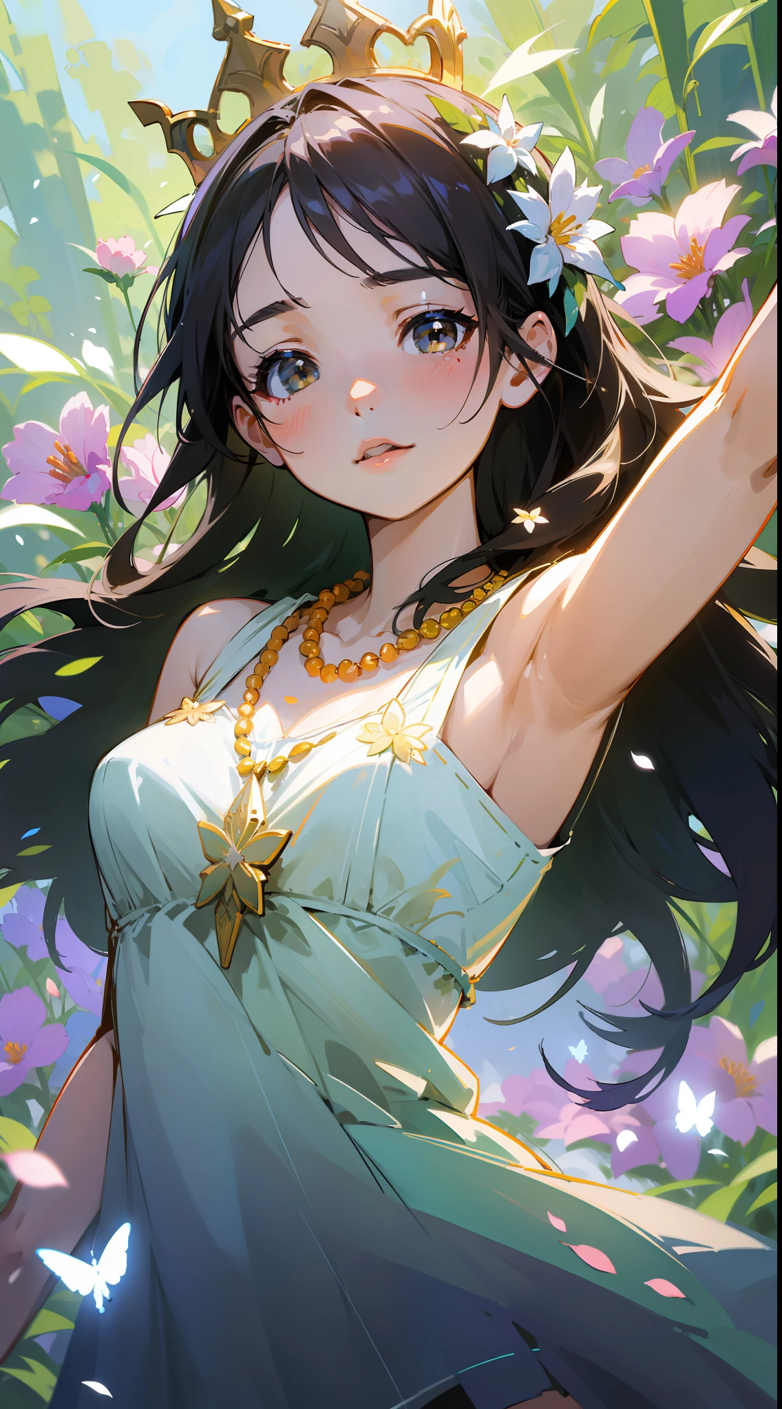 ((SFW)),Masterpiece, High Quality,((Photoreal)))), cinematic direction, (High Contrast), Depth of Field, (Award-winning difference photo), Face detail, Detailed drawing, There is a place in the forest where flowers bloom, Girl dancing in a snow-white summer dress in that flower field, Girl is 9 years old, Black hair very long hair, Summer sky, Summer clouds, Summer dazzling sunlight, Flower garden, Girl with open arms, necklace, crown of flowers, butterfly, fluttering petals, dynamic movement, dance,