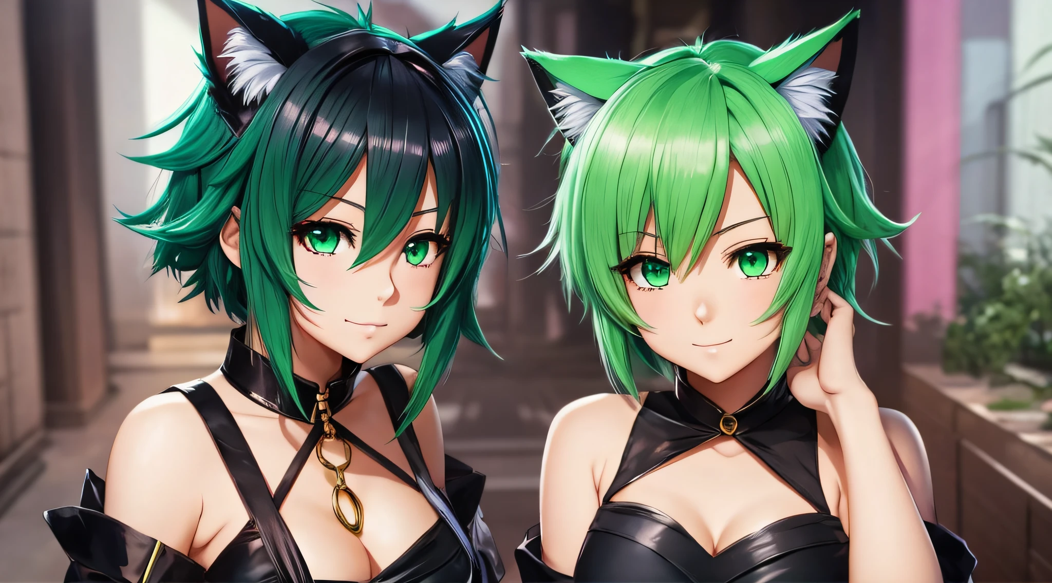 anime girl with green hair and cat ears posing for a picture, anime style. 8k, short hair, mage, fantasy, black mage, final fantasy, anime, made with anime painter studio, render of a cute anime girl, stylized anime, anime style, cute anime catgirl, anime catgirl, anime style 4 k, detailed anime soft face, anime highly detailed --auto --s2