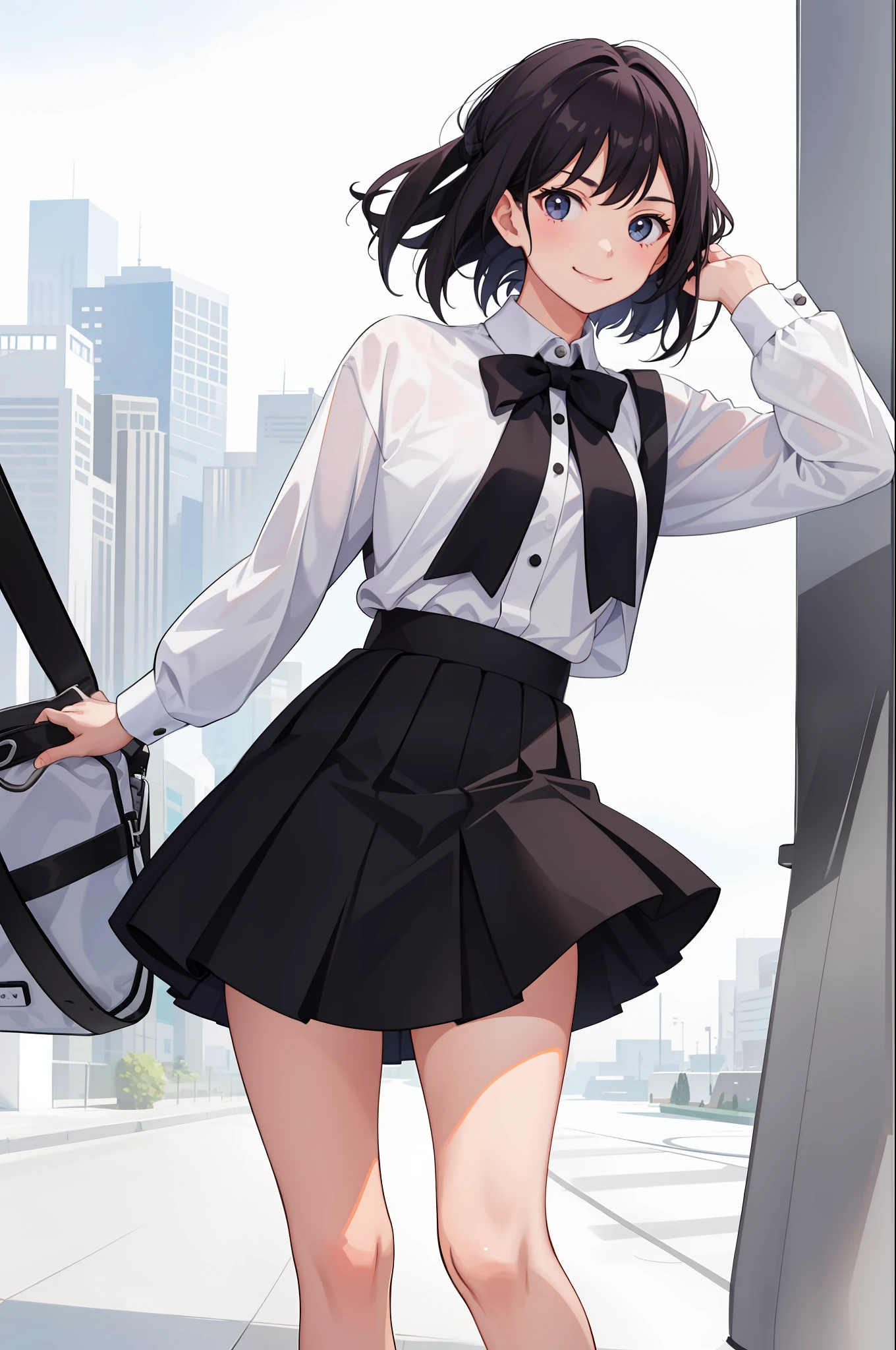 1 girl, smile, shirt, skirt, (small) chiralism,