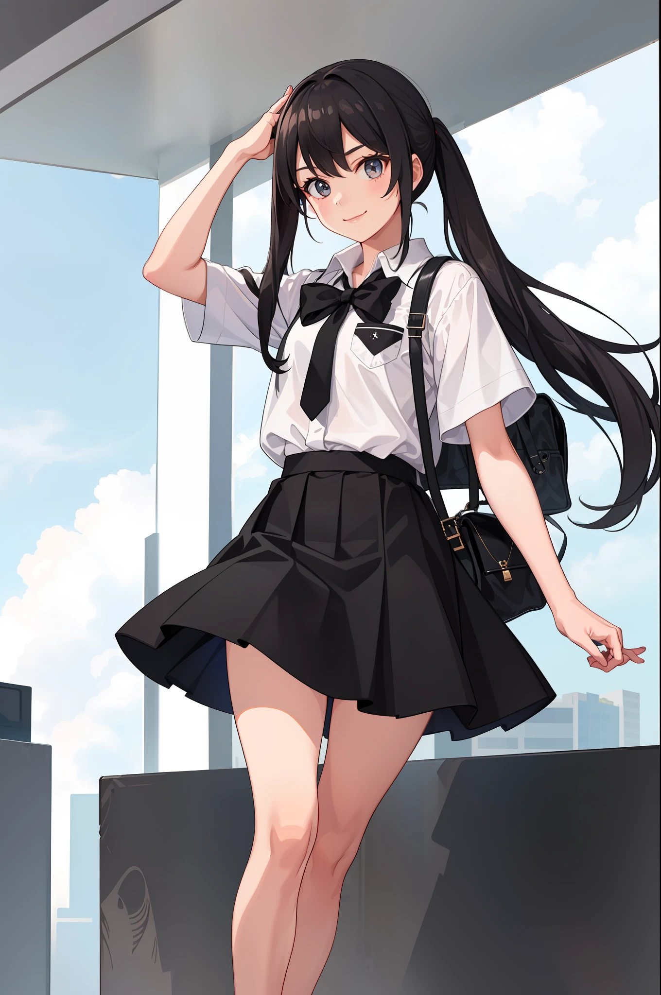 1 girl, smile, shirt, skirt, (small) chiralism,