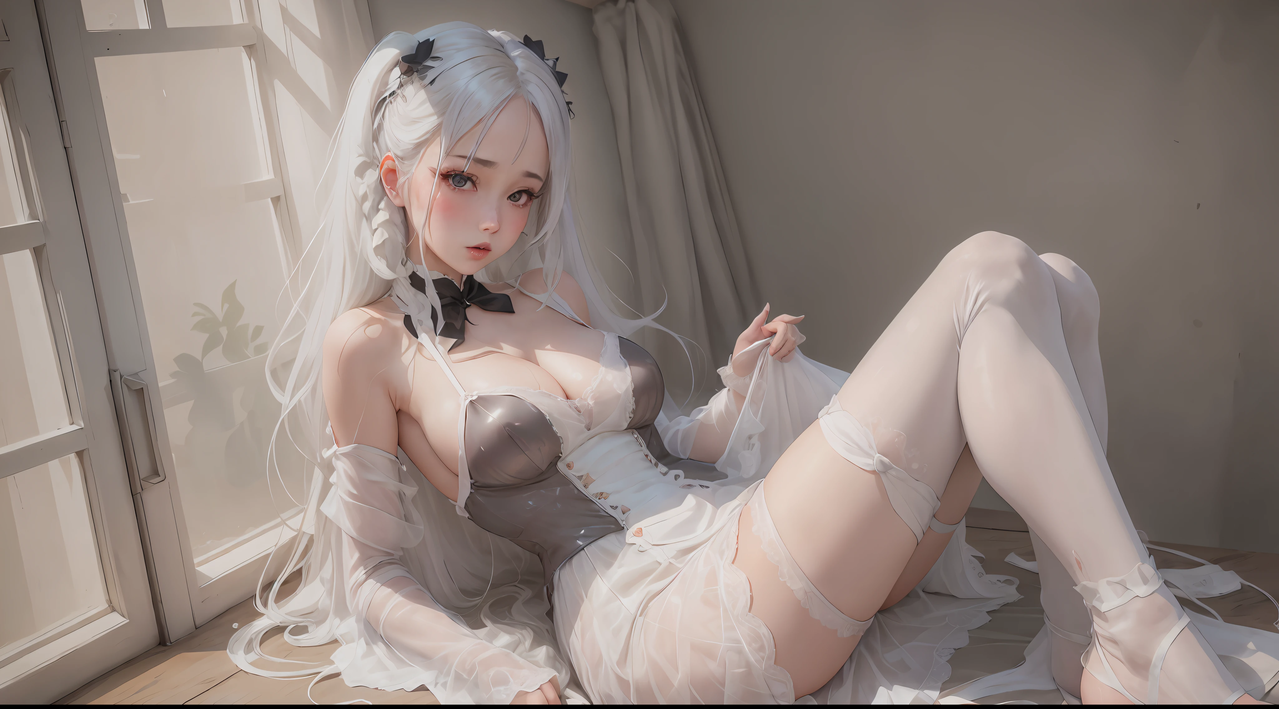 (8k, RAW photo, best quality, masterpiece), 1girl, solo, office, long white hair, heart-shaped pupils, blush, translucent slip dress, white silk gloves, black pantyhose, big breasts, legs on table, leg focus --auto --s2