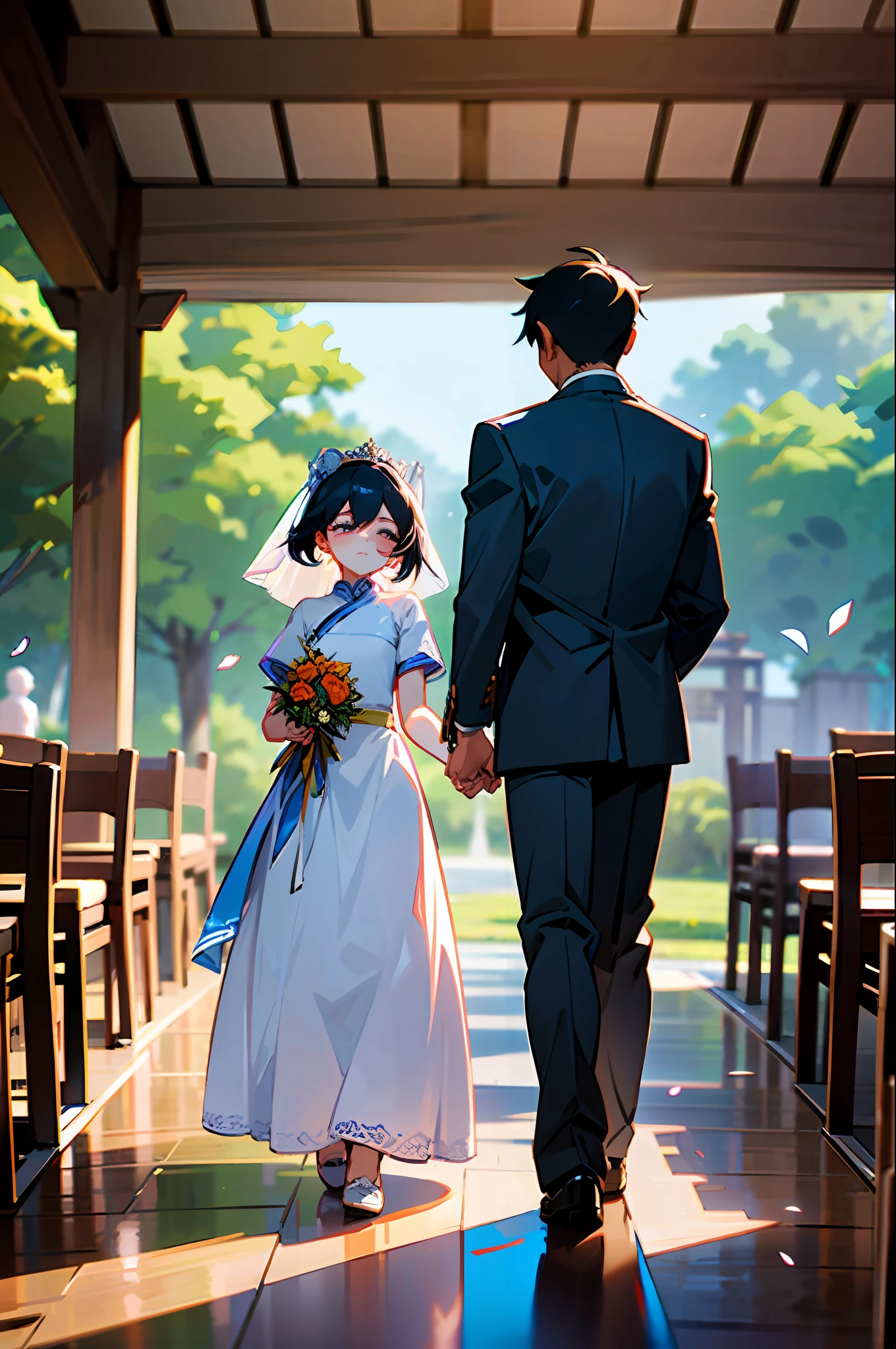There were only a few guests at a simple wedding, and a girl played the role of my father, taking my (the girl's) hand and handing it to Shen Chen (the boy).
