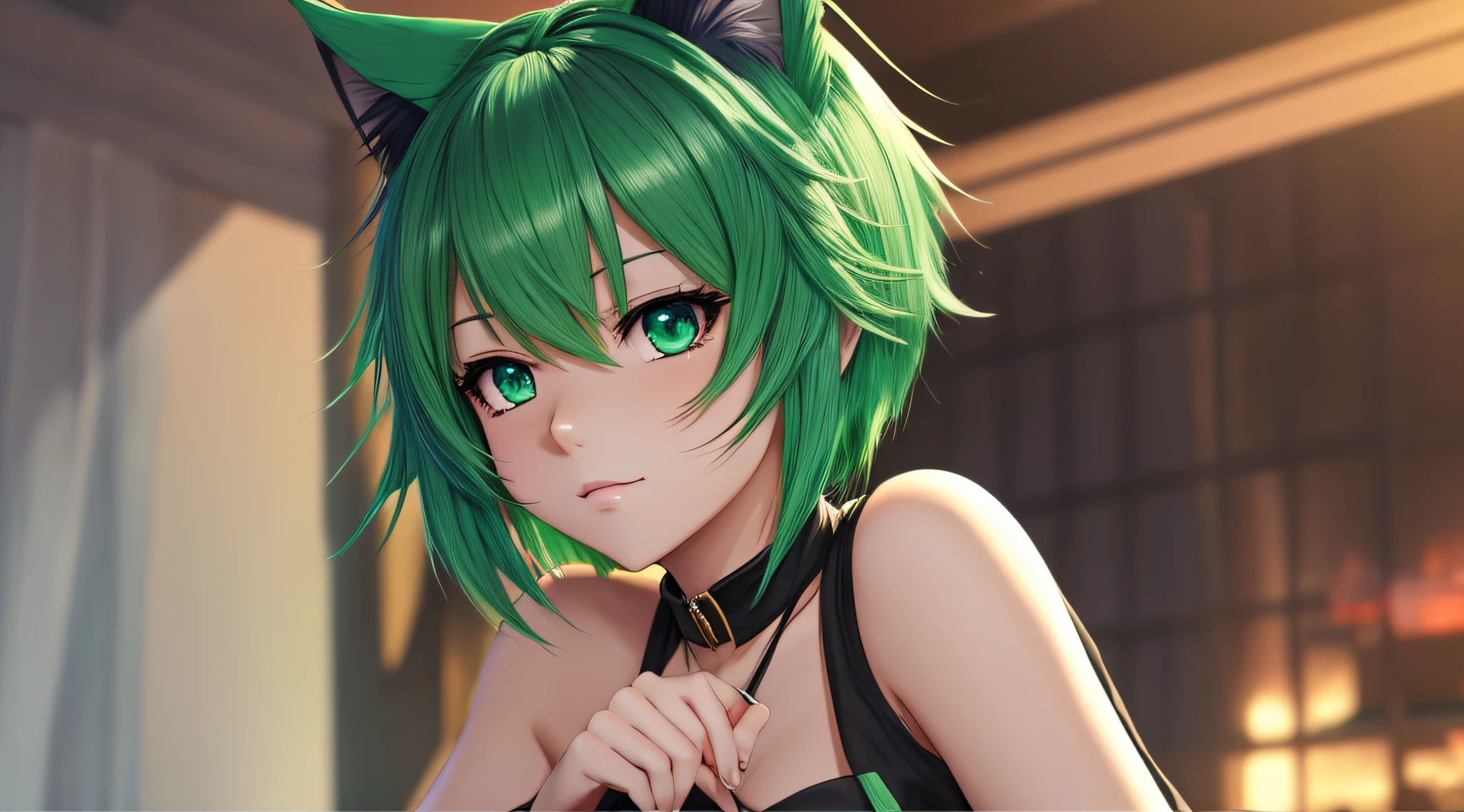 anime girl with green hair and cat ears posing for a picture, anime style. 8k, short hair, mage, fantasy, black mage, final fantasy, anime, made with anime painter studio, render of a cute anime girl, stylized anime, anime style, cute anime catgirl, anime catgirl, anime style 4 k, detailed anime soft face, anime highly detailed --auto --s2