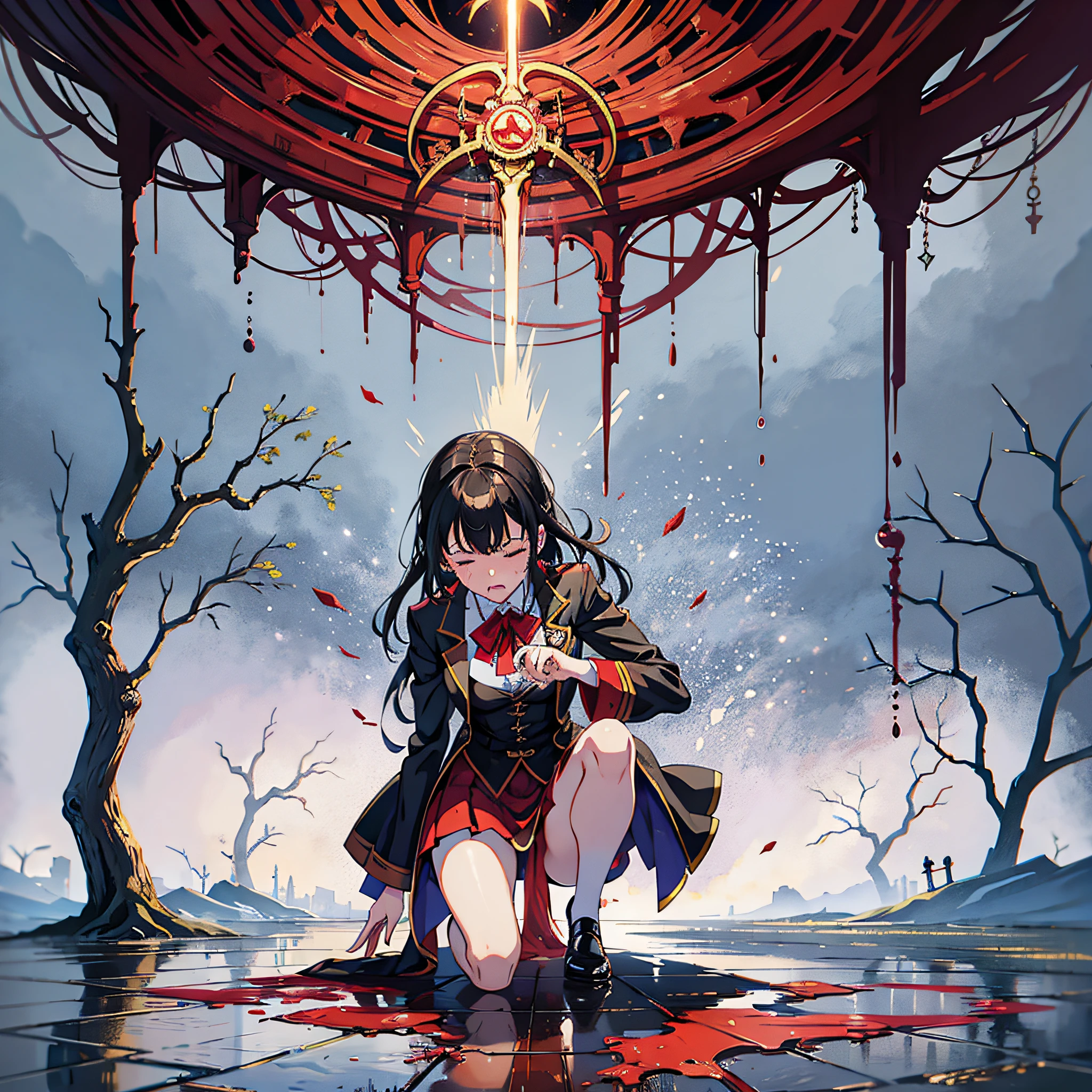 1 woman, falling to the ground, vomiting blood, blood, miserable, tears, eyes closed, magic wand in hand, surrealism