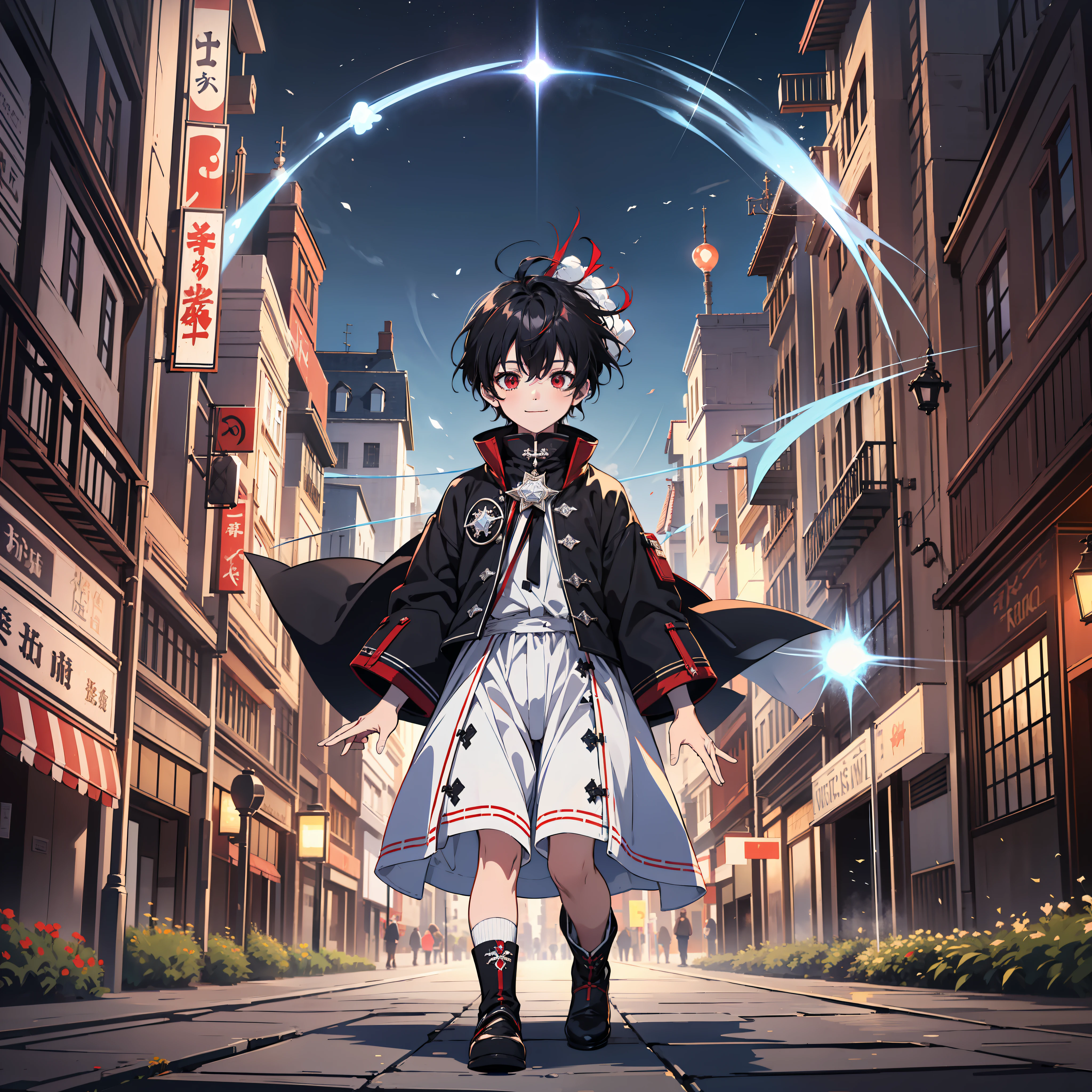 (ridiculous, high resolution), (panorama), little boy, red eyes, short hair, black hair, smile, white clothes, black coat (white magic streamer for hands), western-style town, square, magic bloom, (blue magic array under feet), crowd, daytime,